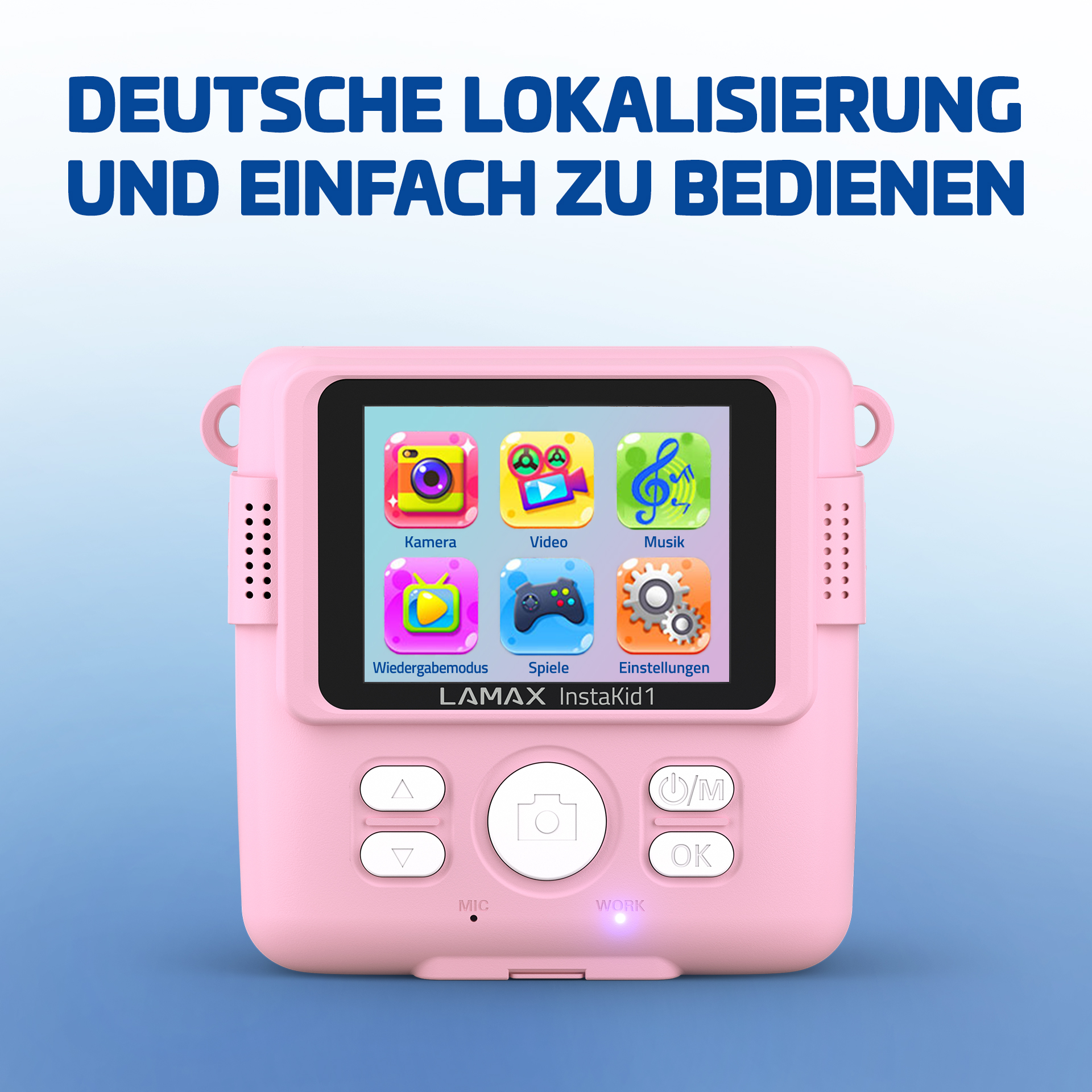 Fotocamera istantanea rosa con schermo che mostra varie icone e testo sopra. Sfondo blu.