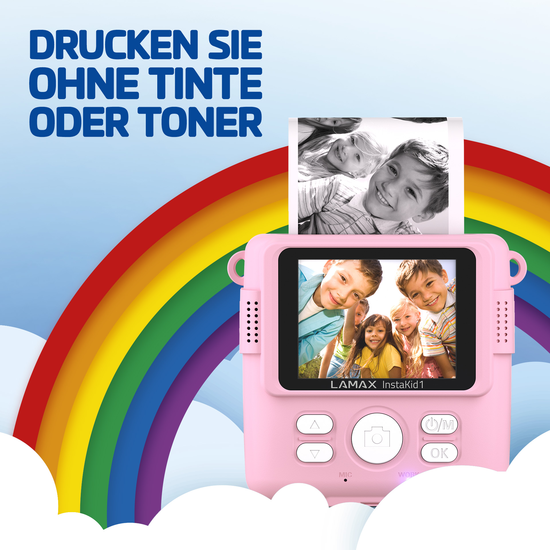 Fotocamera istantanea rosa con sfondo arcobaleno. Foto di bambini sullo schermo. Testo: Stampa senza inchiostro o toner.