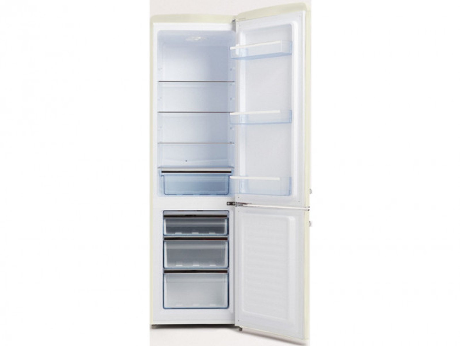 Un refrigerador de estilo vintage con la puerta abierta. Se ven estantes y cajones, en su mayoría vacíos.