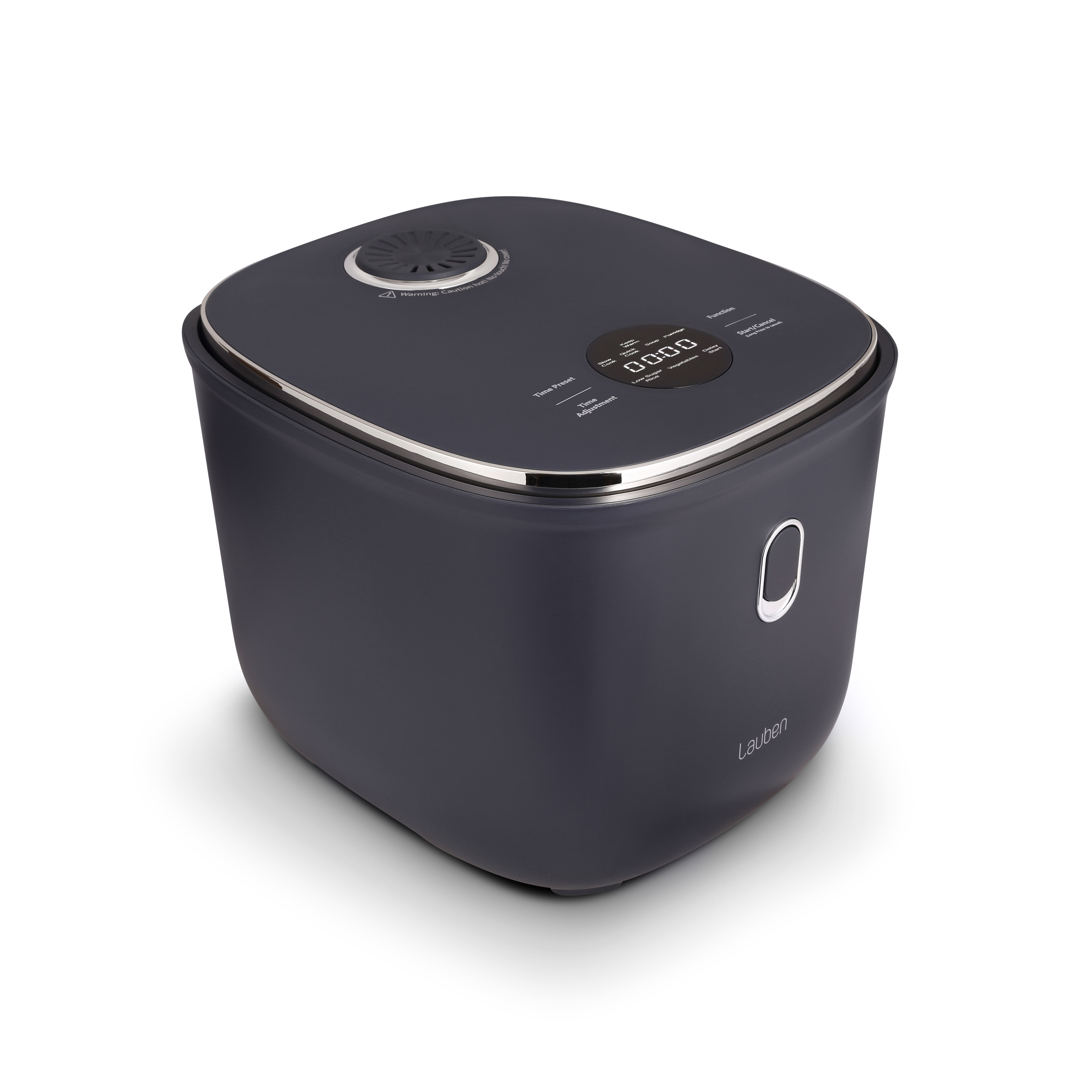 Ciemnoszary sprzęt kuchenny z małym wyświetlaczem. Na górze okrągły odpowietrznik.