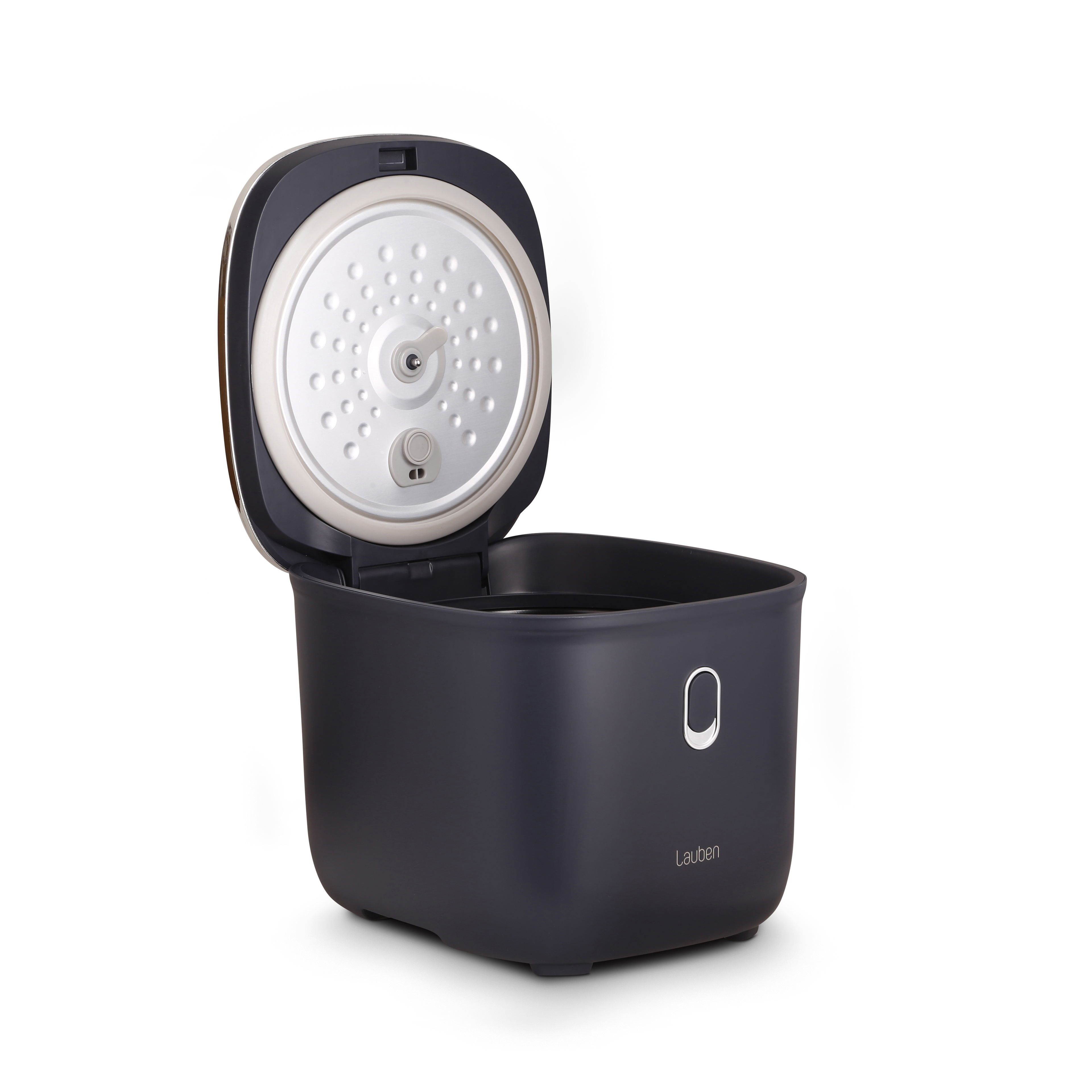 Czarny i biały garnek do gotowania ryżu z otwartą pokrywą. Stoi na białej powierzchni.