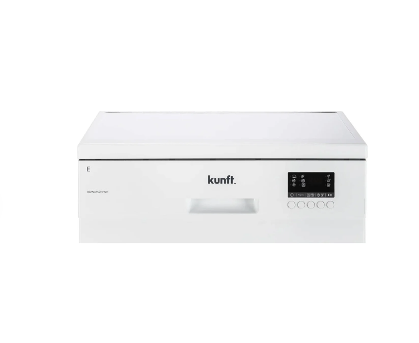 Lavavajillas blanco con panel de control y la marca kunft, sobre fondo blanco.