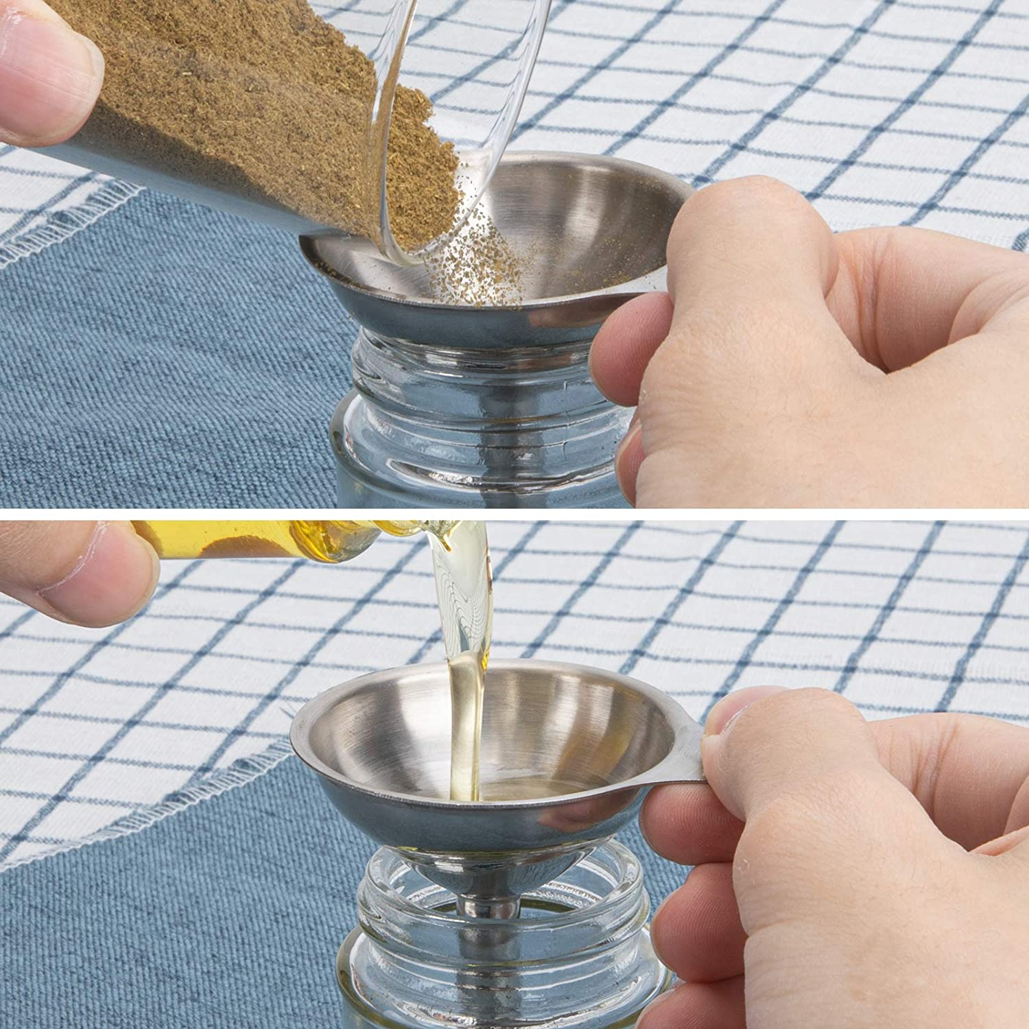 Hände gießen Gewürze und Öl mit einem Trichter in eine Glasflasche.