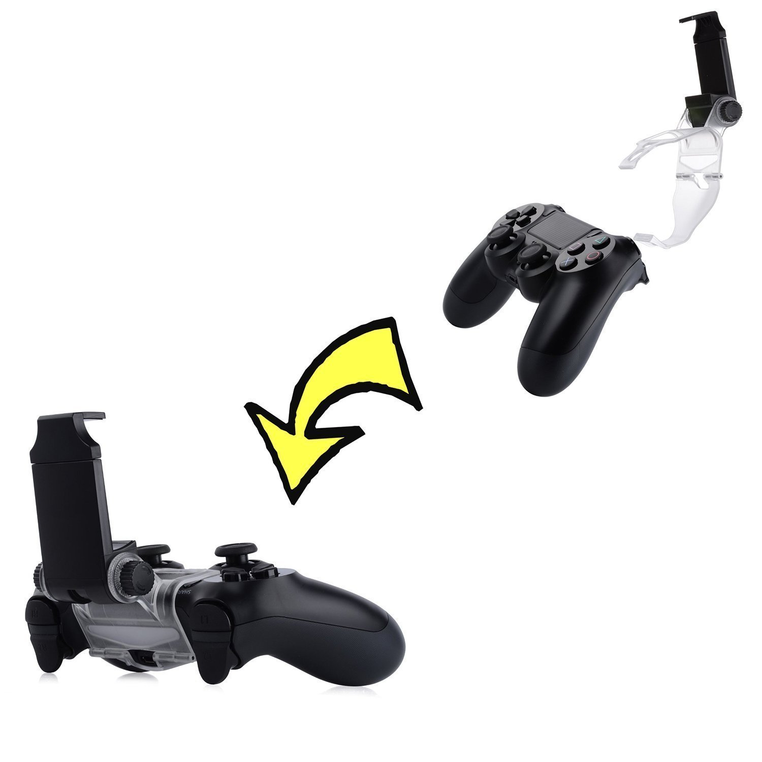 Ein Controller mit Telefonhalter ist durch einen gelben Pfeil mit einem zweiten Controller verbunden, isoliert auf Weiß.