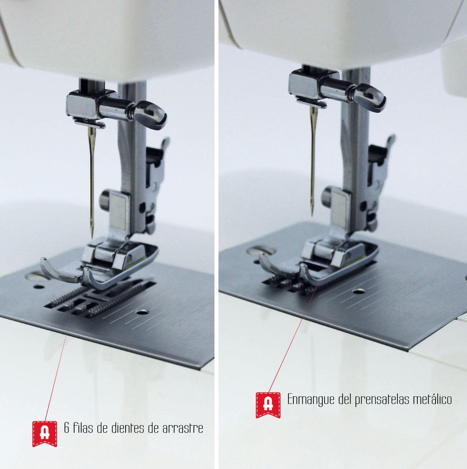Dwa zbliżenia igły i stopki maszyny do szycia. Czerwone etykiety z tekstem wskazują części.