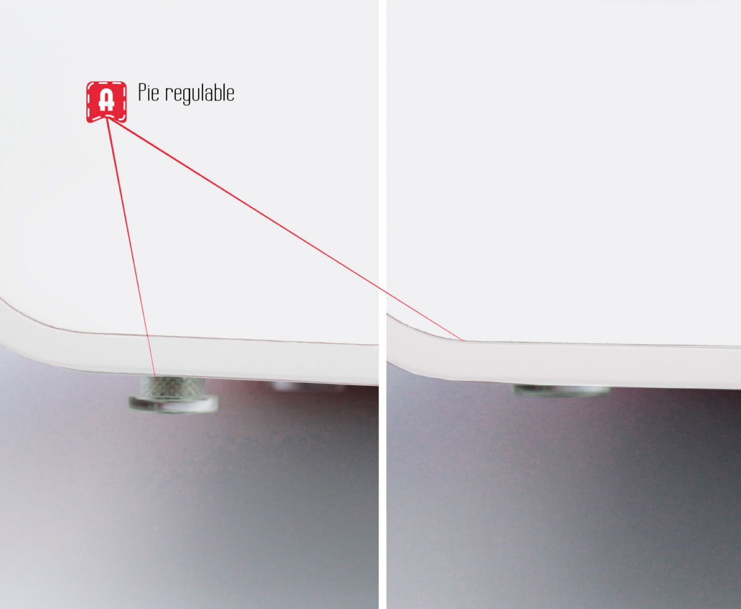 Zbliżenie białej nogi stołu z regulowaną stopą, oznaczone strzałką.