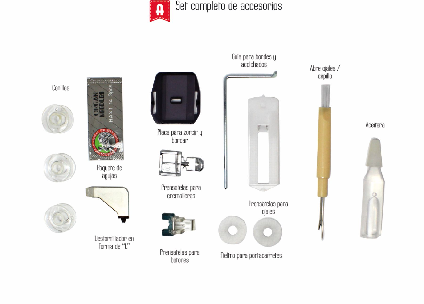 Accesorios de máquina de coser, incluyendo agujas, un destornillador y un prensatelas.