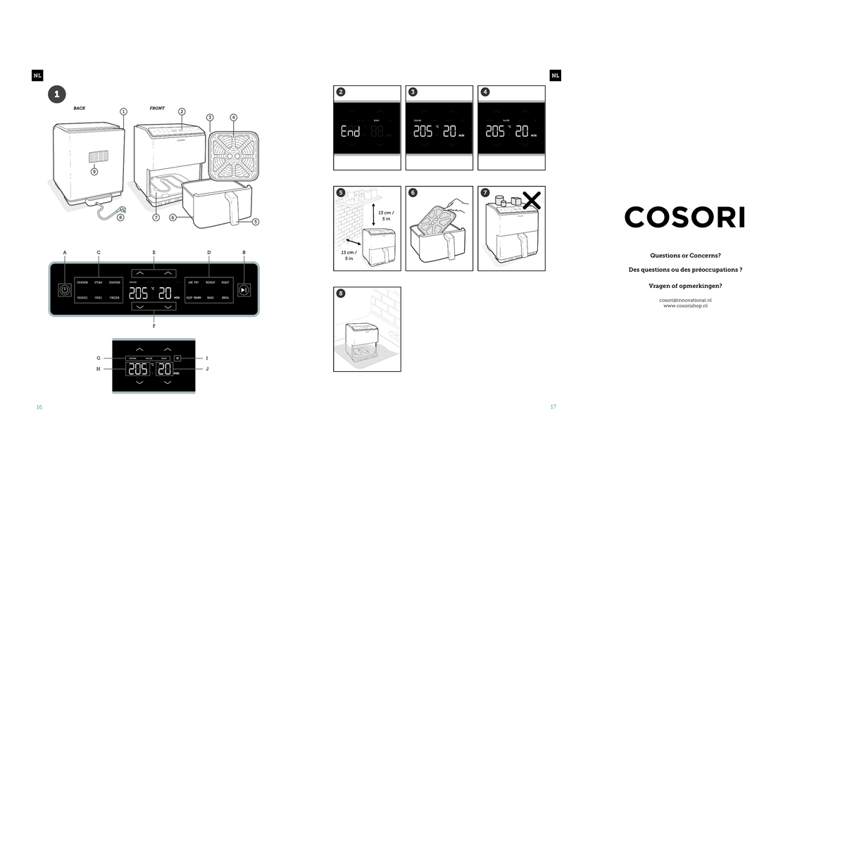 Diagrammi didattici con logo del marchio Cosori, che mostrano una friggitrice ad aria e il suo pannello di controllo.