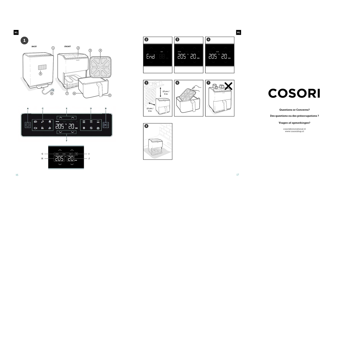 Diagrammi di istruzioni e un marchio Cosori, che mostrano i componenti e le fasi operative di un prodotto.
