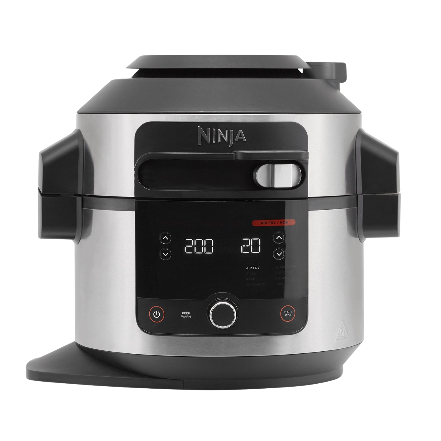 Silberne und schwarze Ninja Air Fryer mit digitaler Anzeige, Vorderansicht. Schwarzer Hintergrund.