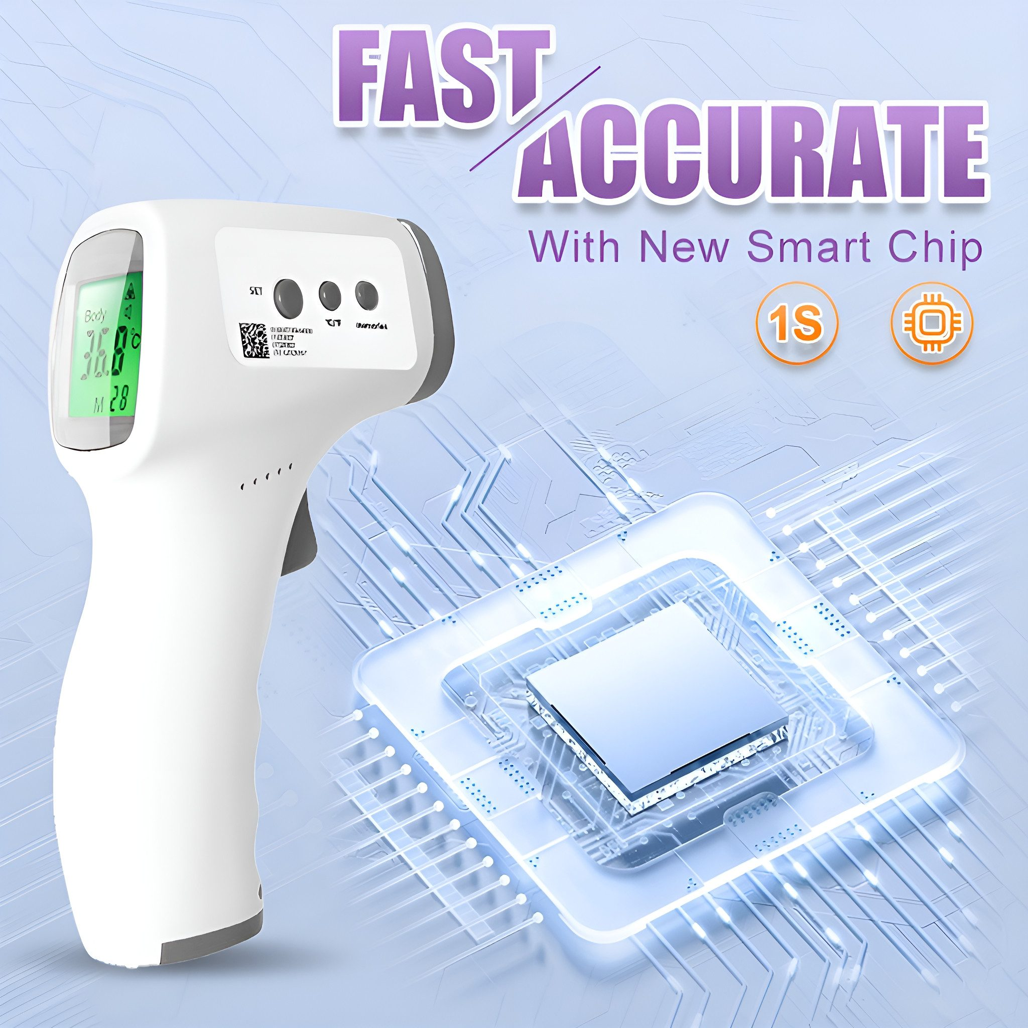 Weißes digitales Thermometer mit Temperaturanzeige, mit Illustration des Smart-Chip-Designs.