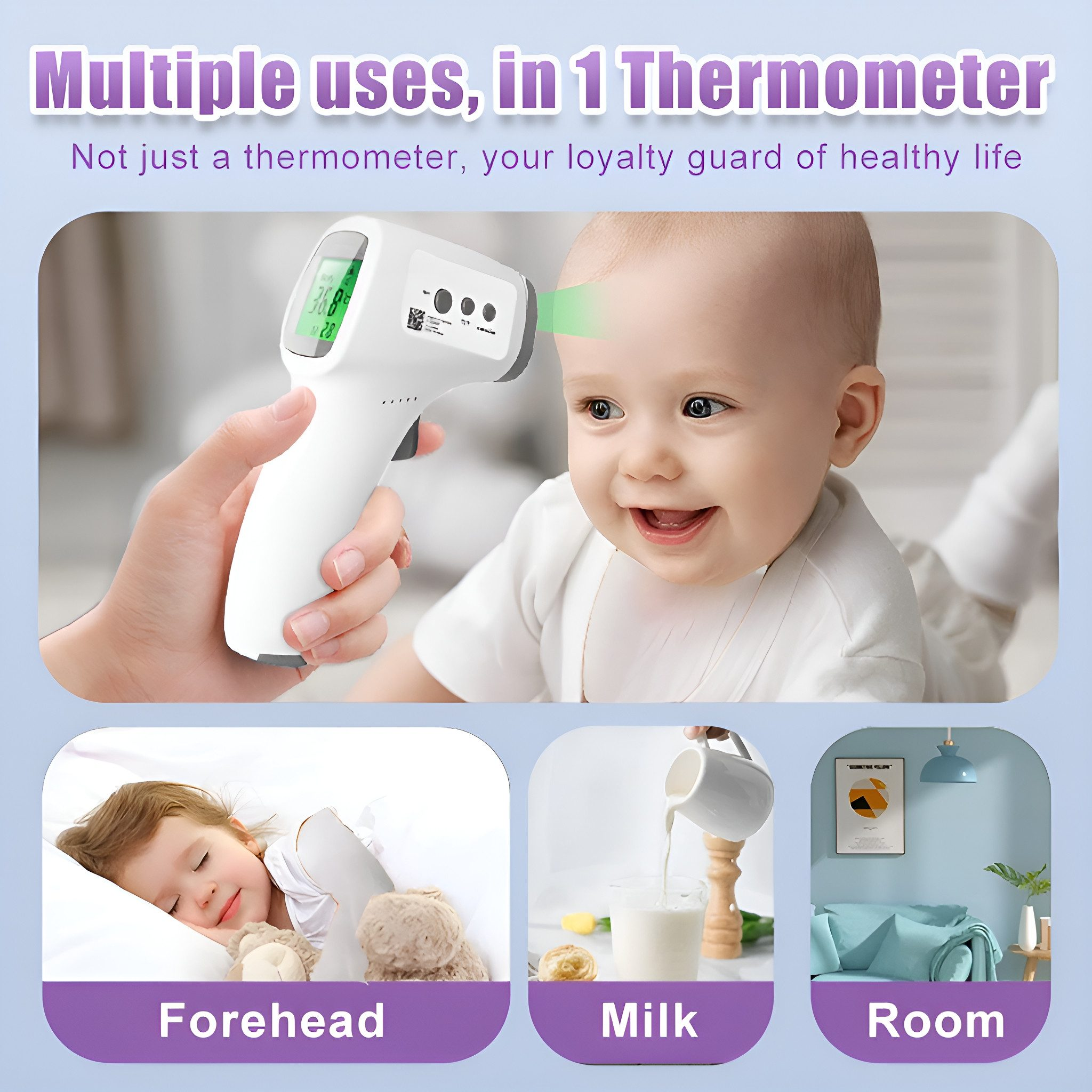 Thermometer verwendet auf Baby Stirn, Milch und Raum. Bild beinhaltet ein lächelndes Baby.