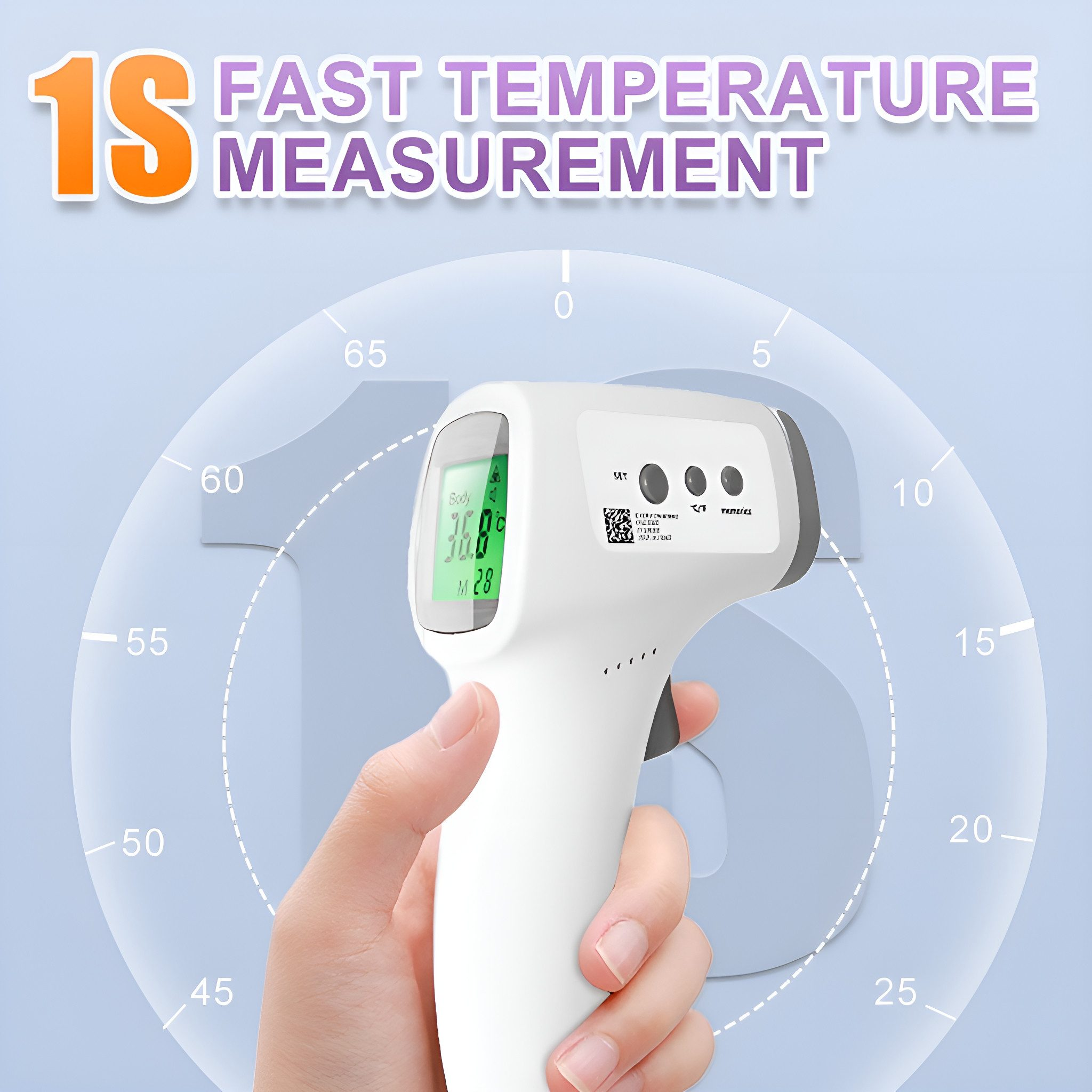 Ein Thermometer zeigt 36,8. Zahlen 0-65 bilden einen Kreis um das Thermometer. Der Hintergrund ist blau.