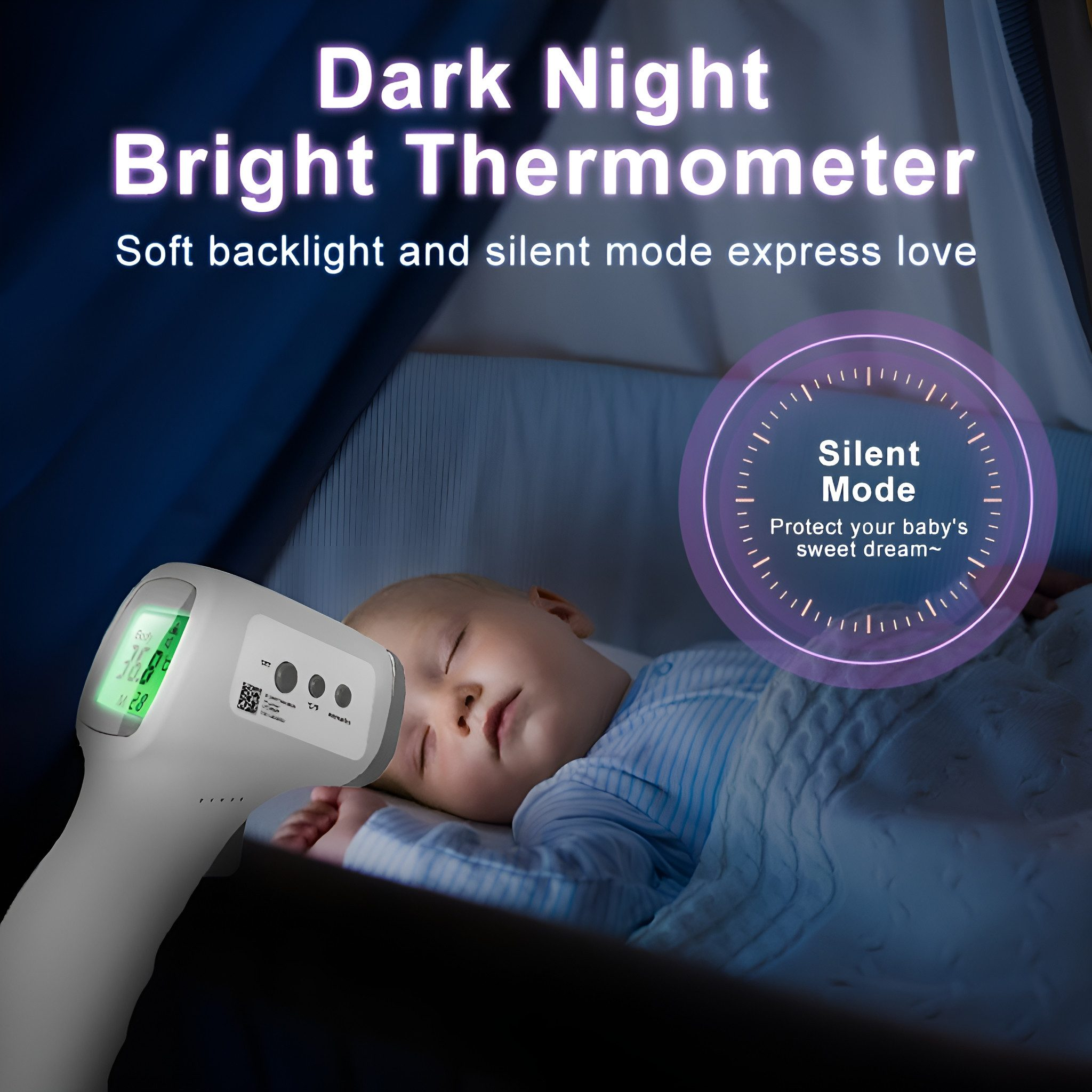 Schlafendes Baby mit Thermometer in einem Kinderbett. Text-Overlay auf dem Bild.
