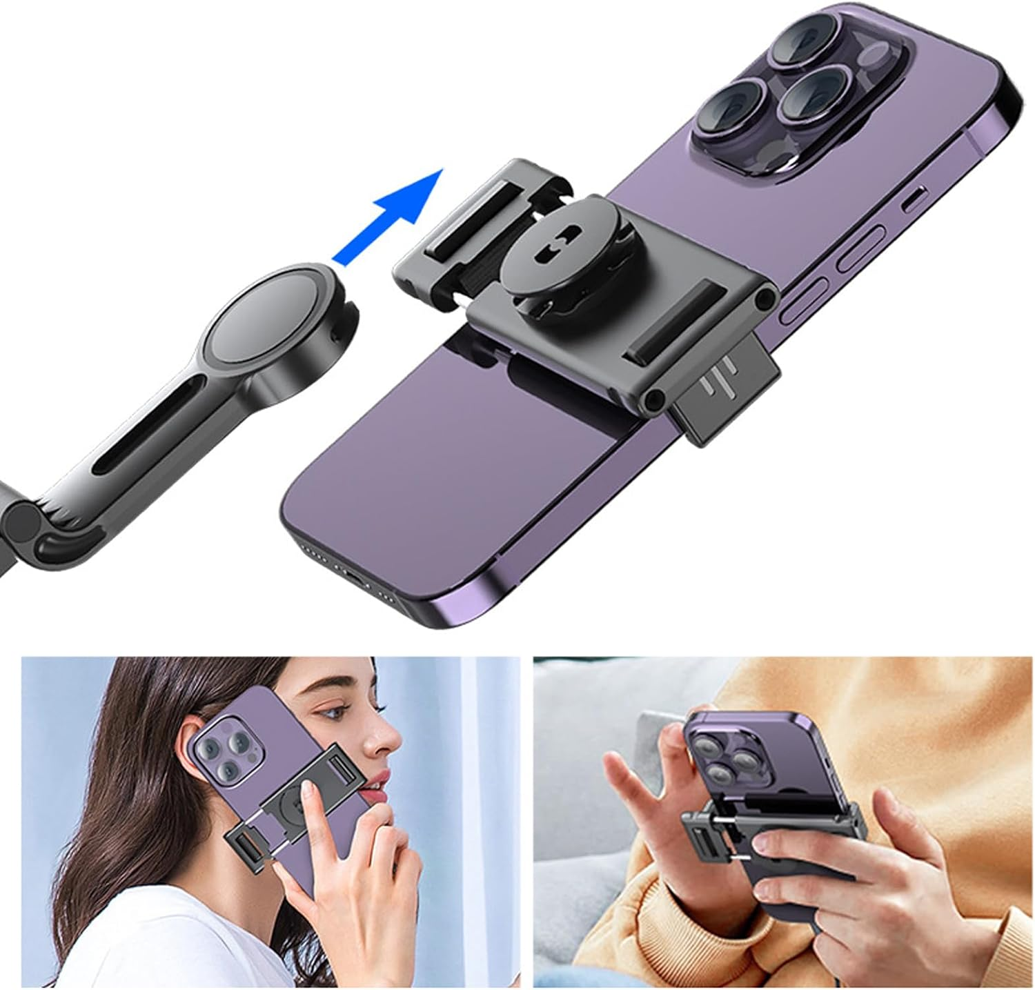 Ein Telefon mit Hülle und einem magnetischen Halter. Das Telefon wird an dem Halter befestigt.