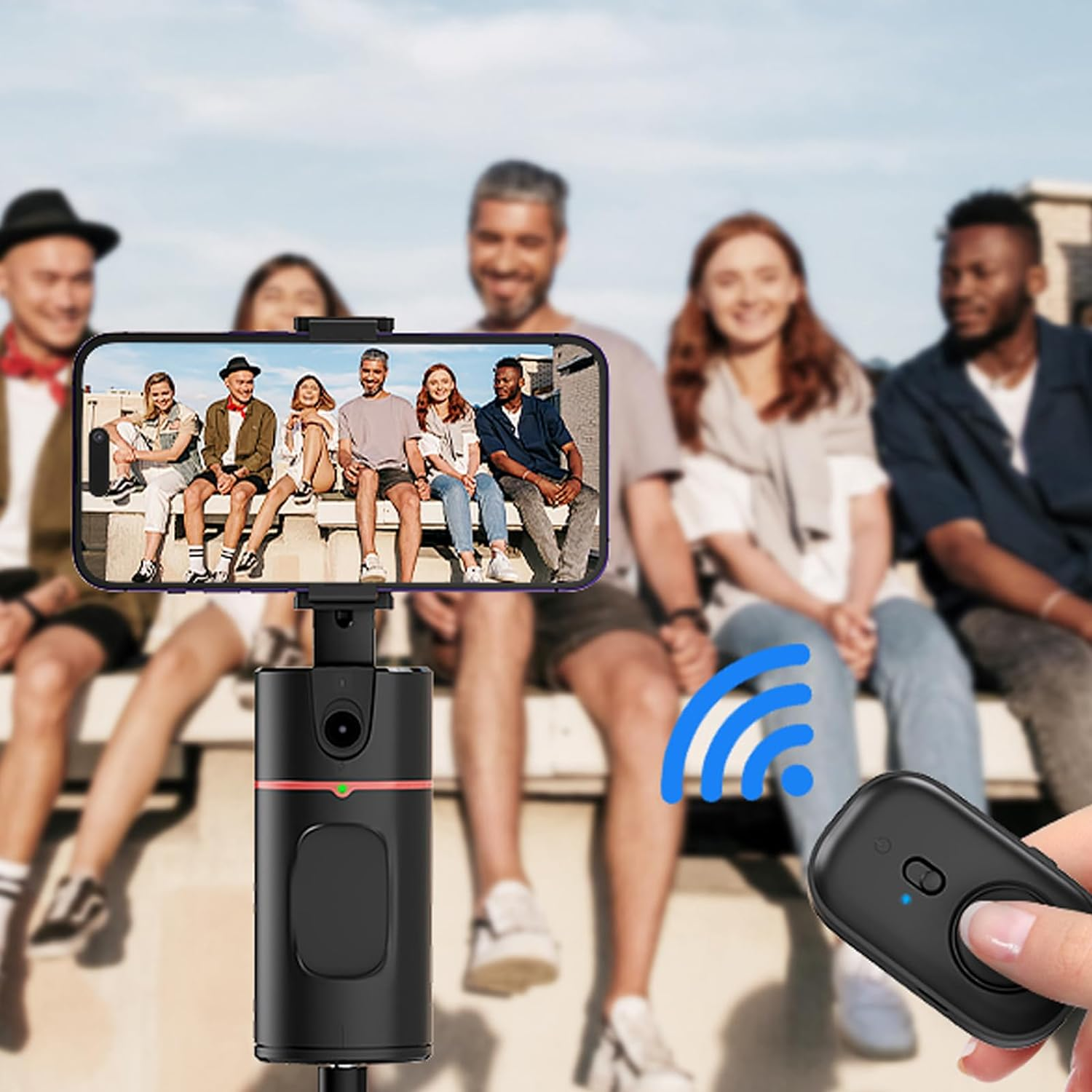 Eine Gruppe von Leuten macht ein Foto mit einem an einem Selfie-Stick befestigten Telefon, blaues WLAN-Symbol.