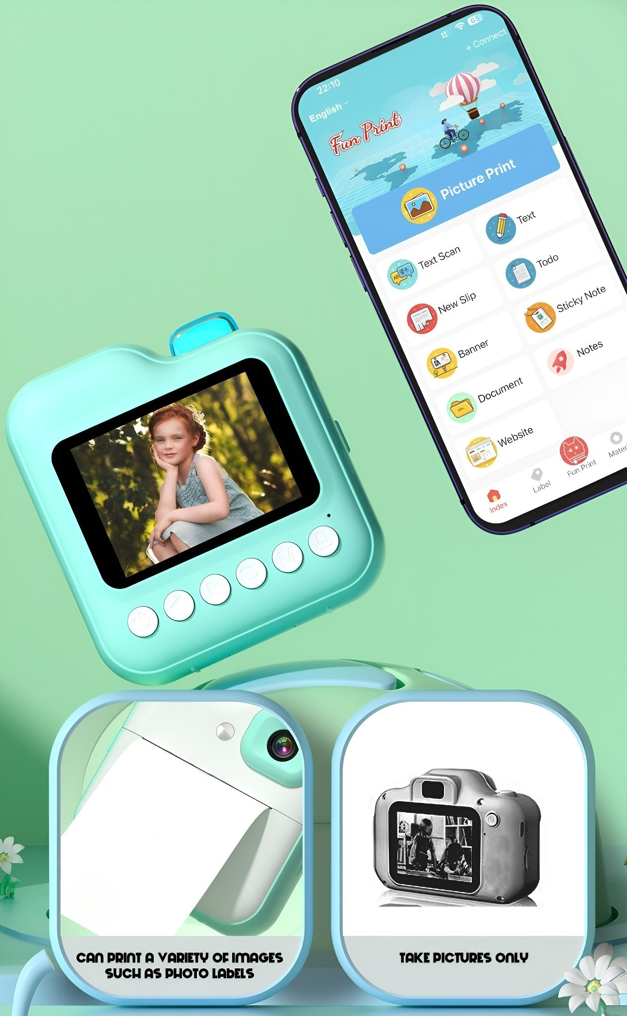 Eine türkisgrüne Kamera und ein Smartphone mit einem Kinderfoto. Grafiken sind ebenfalls vorhanden.