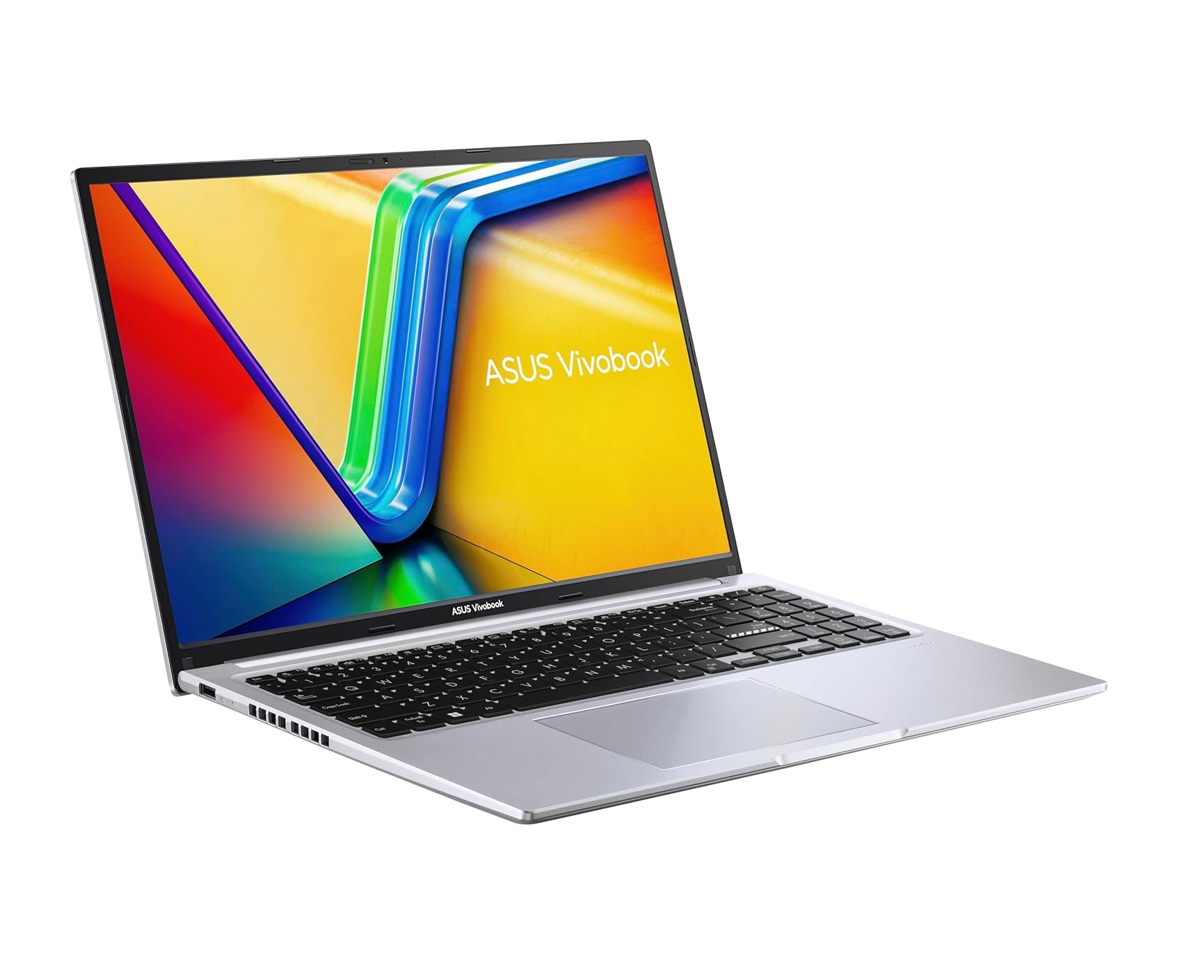 Silberner Laptop, Bildschirm zeigt farbenfrohes Design, vor weißem Hintergrund.