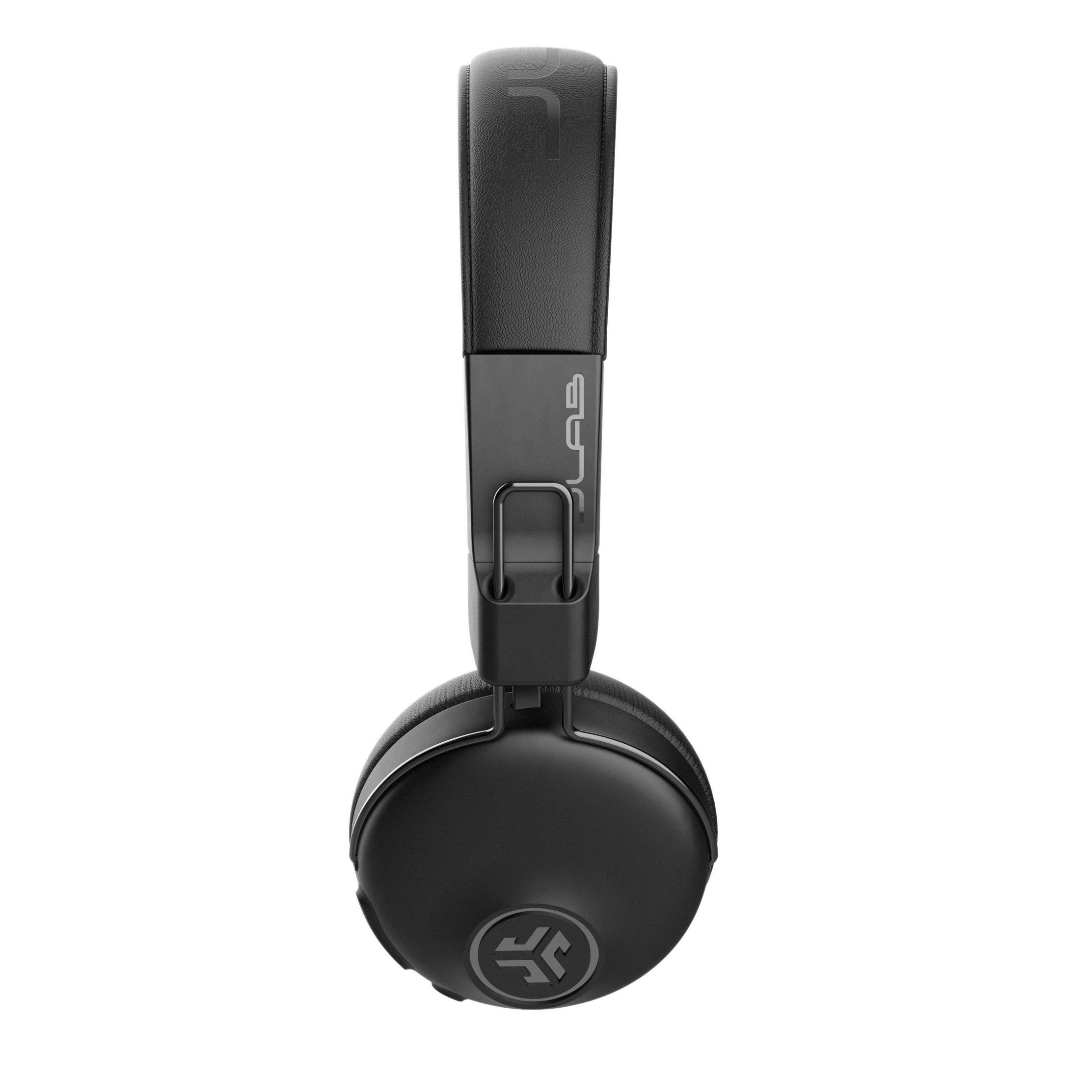 Schwarze Kopfhörer. Die Kopfhörer haben einen schwarzen Kopfbügel und Ohrmuscheln mit rundem Design.