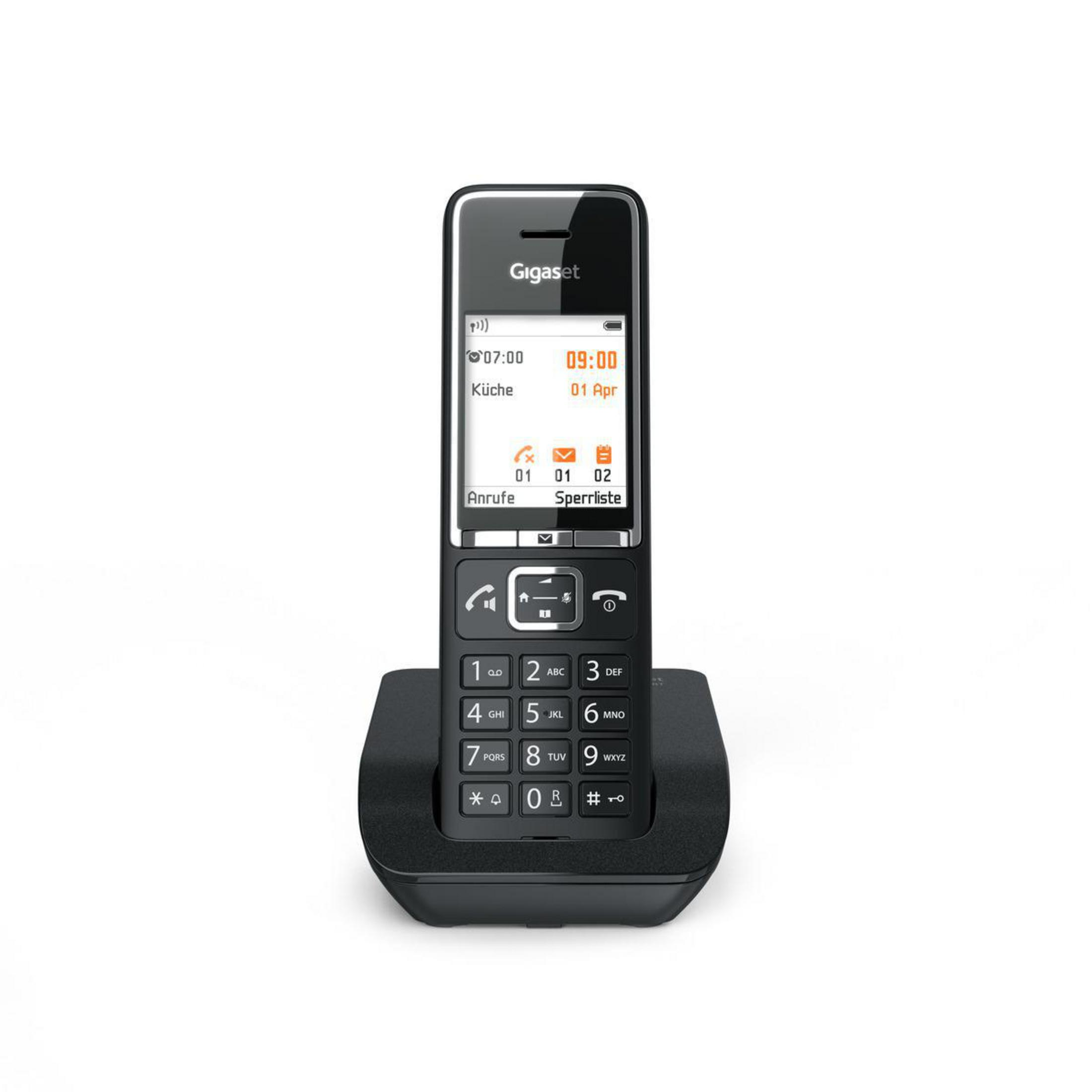Telefono cordless nero con display su supporto.