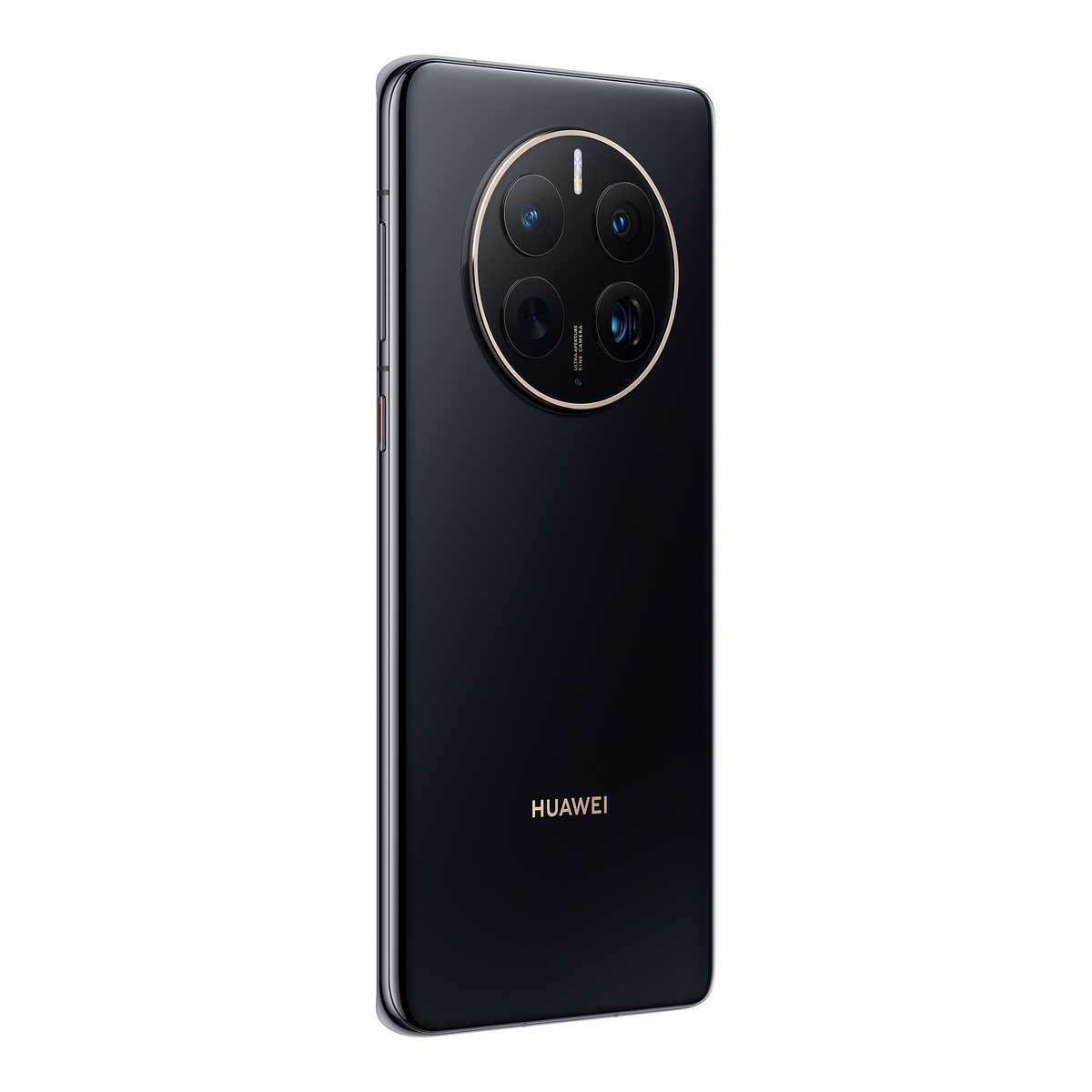 Schwarzes Smartphone mit vier Kameralinsen. Die Rückseite hat ein Huawei-Logo. Es ist auf weißem Grund.