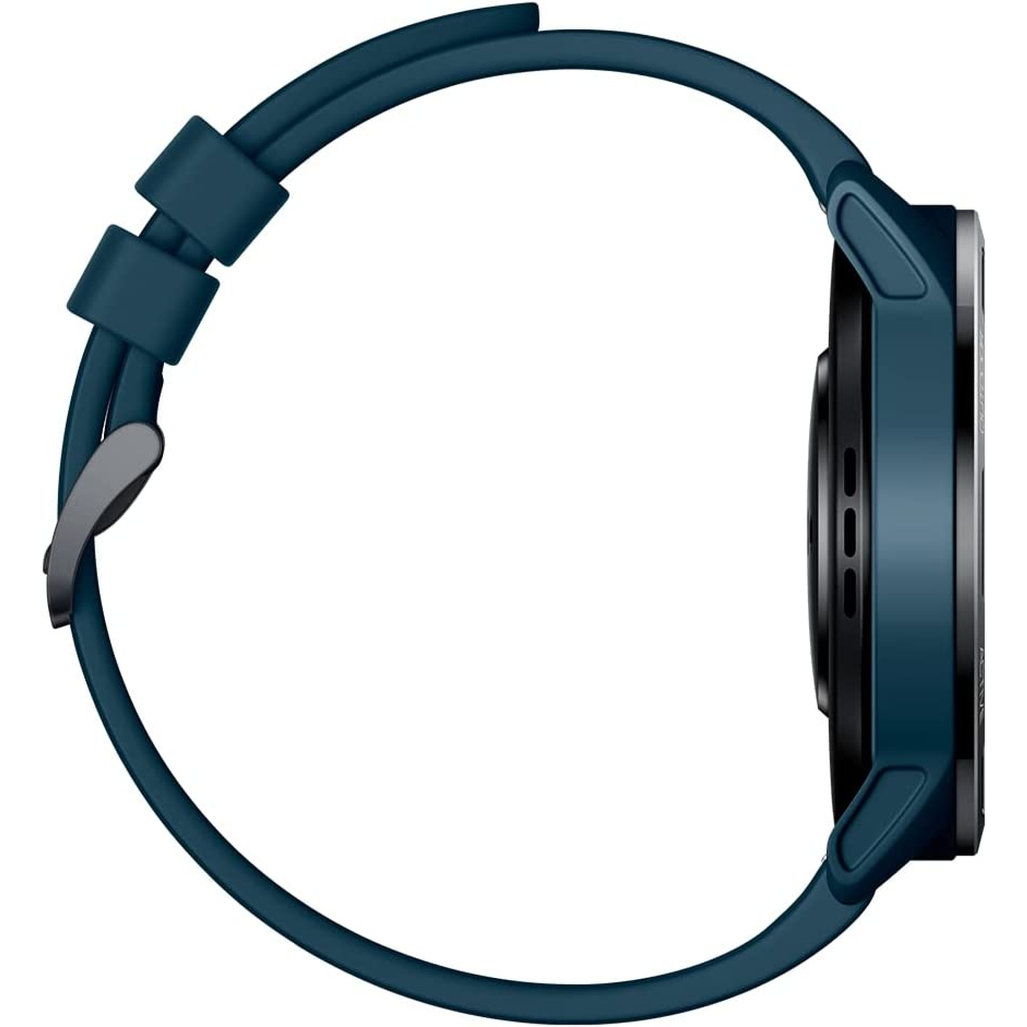 Vista laterale di uno smartwatch blu scuro con cinturino blu, mostra il quadrante.
