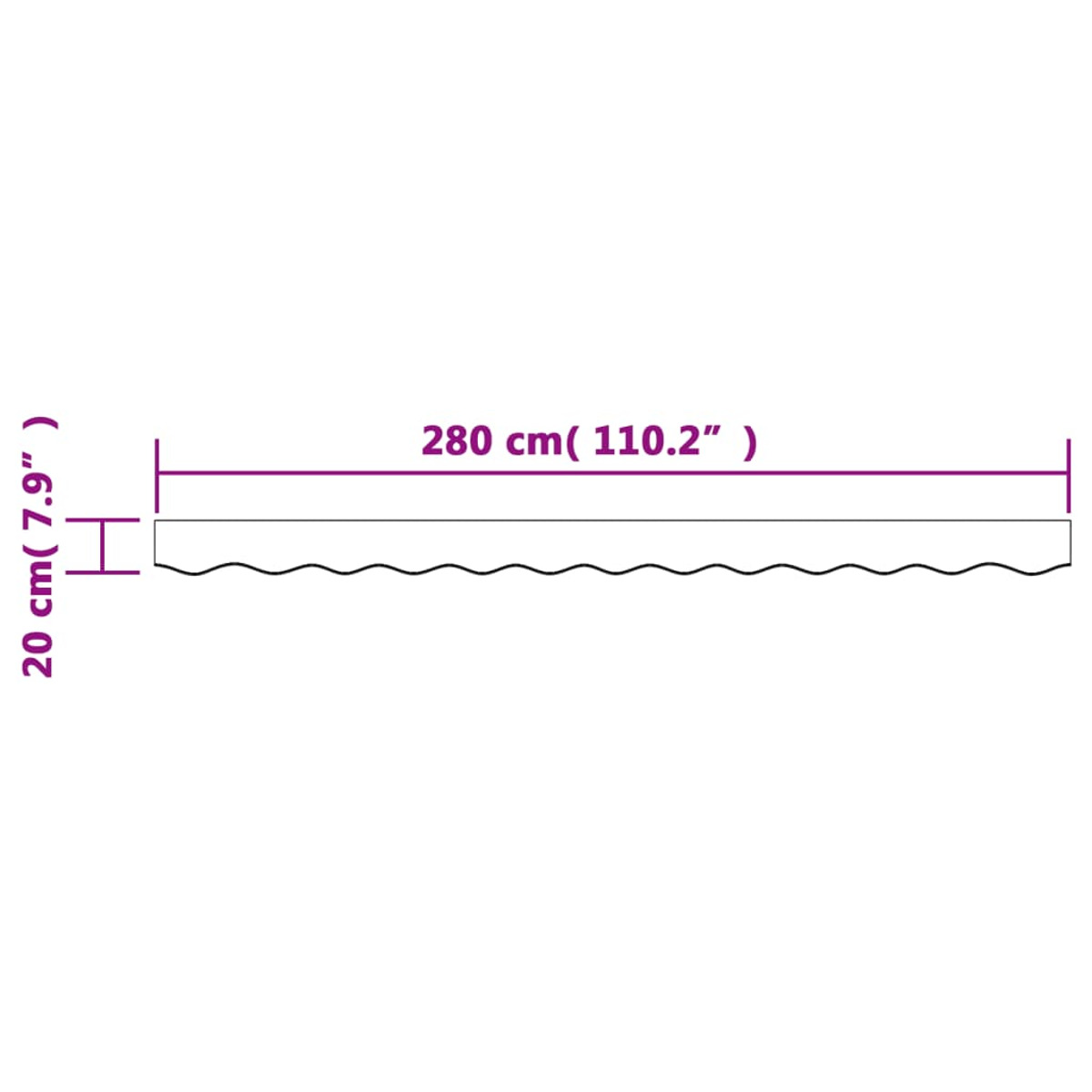 Eine Linie, die die Länge von 280 cm (110,2") und eine Höhe von 20 cm (7,9") angibt.