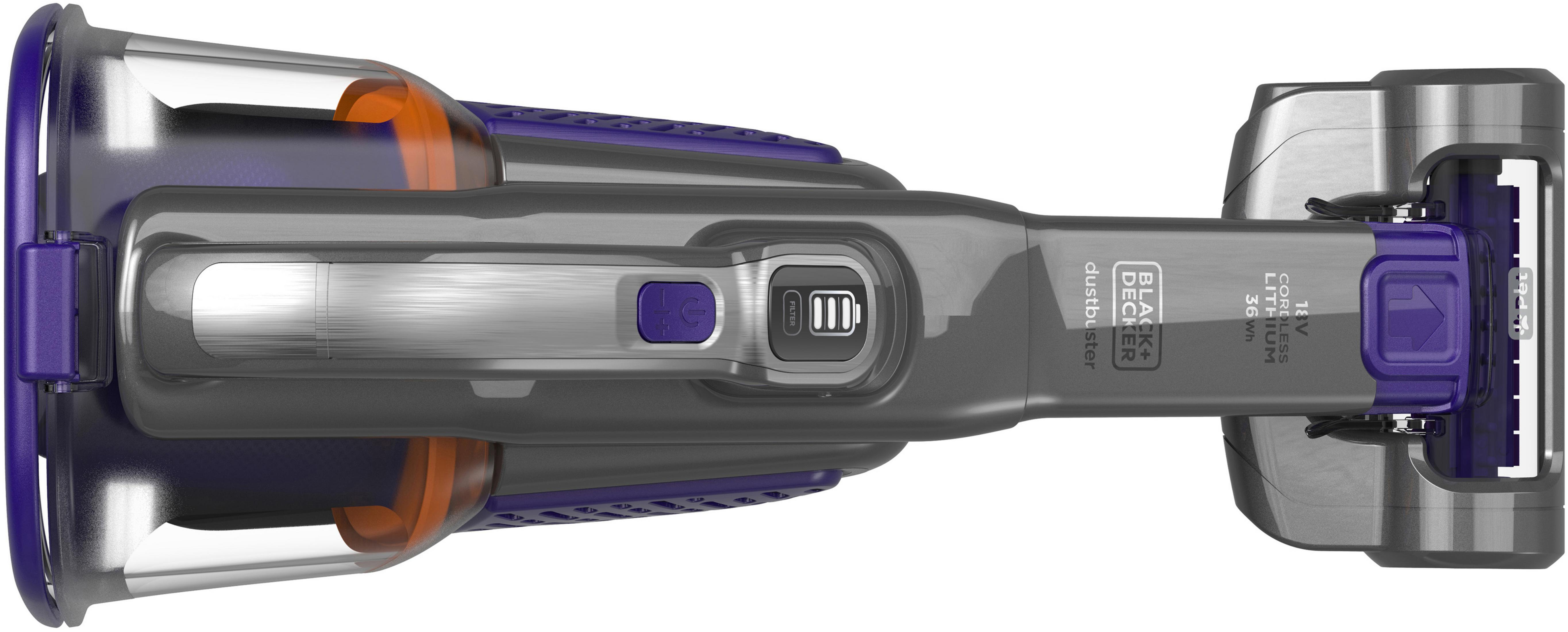 Widok z góry na odkurzacz ręczny, ciemnoszary z fioletowymi akcentami, na białym tle.