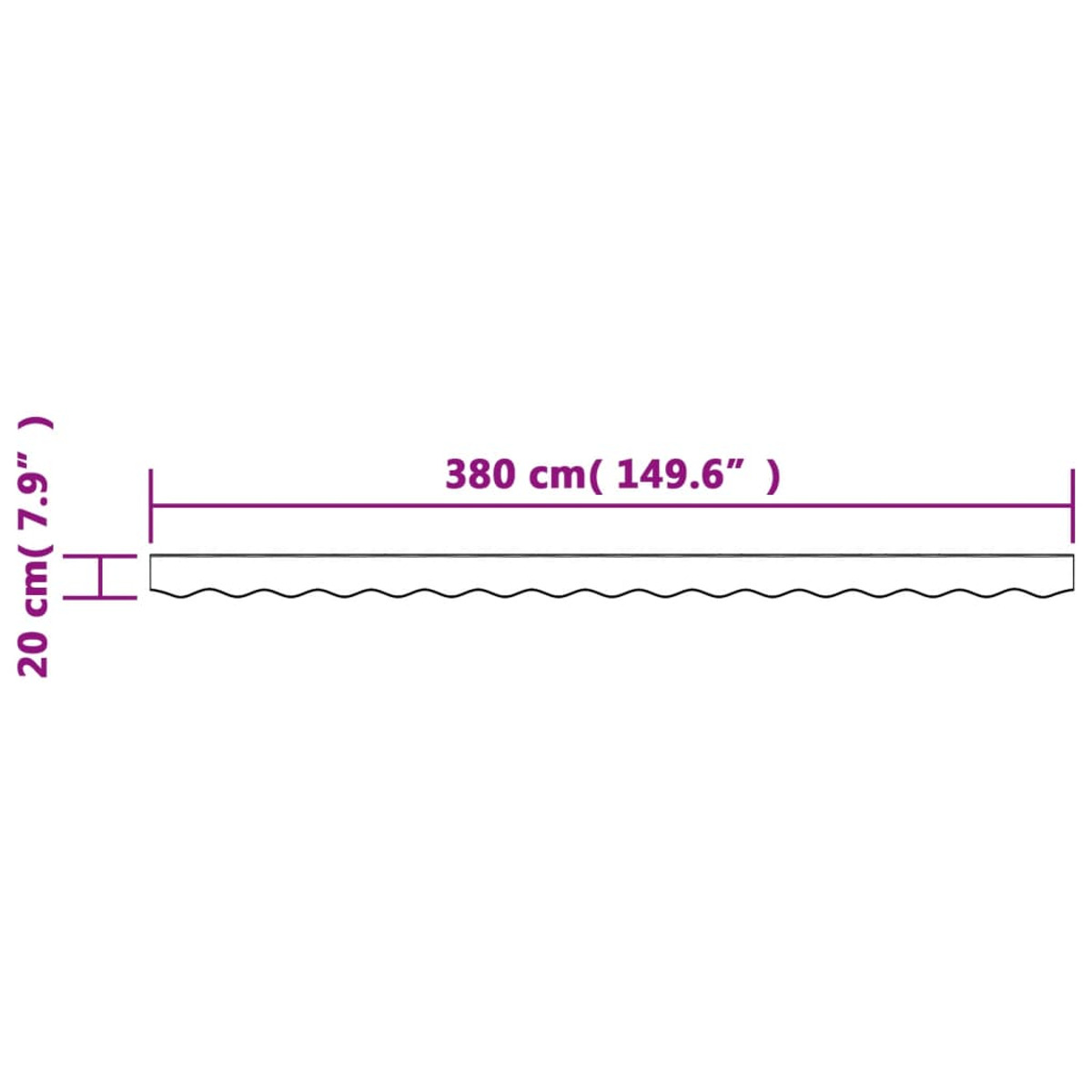 Ein langes, dünnes, beiges Objekt mit Maßen. 380 cm (149,6") ist die Länge, 20 cm (7,9") ist die Höhe.