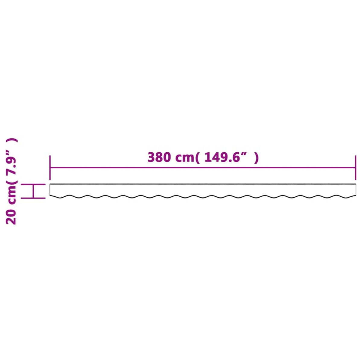 Eine Linie, die Abmessungen angibt. Die Linie ist 380 cm (149,6") lang und 20 cm (7,9") hoch.