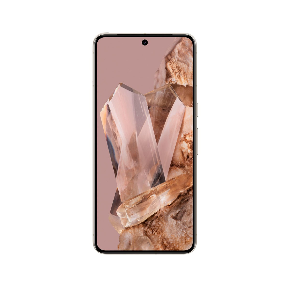 Smartfon wyświetlający abstrakcyjną formację kryształów na jasnoróżowym tle.