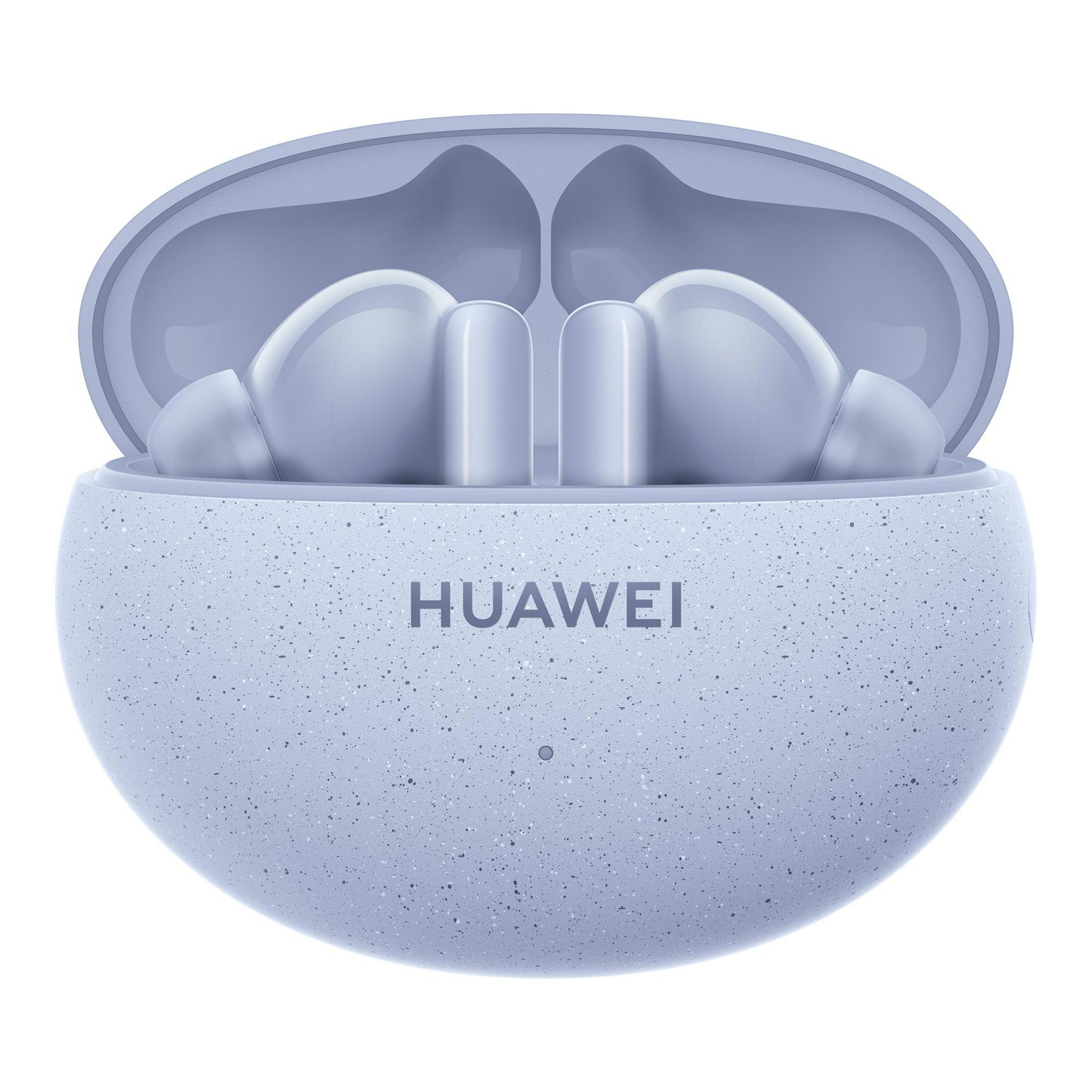Auricolari blu in una custodia. La parola HUAWEI è scritta sulla custodia.