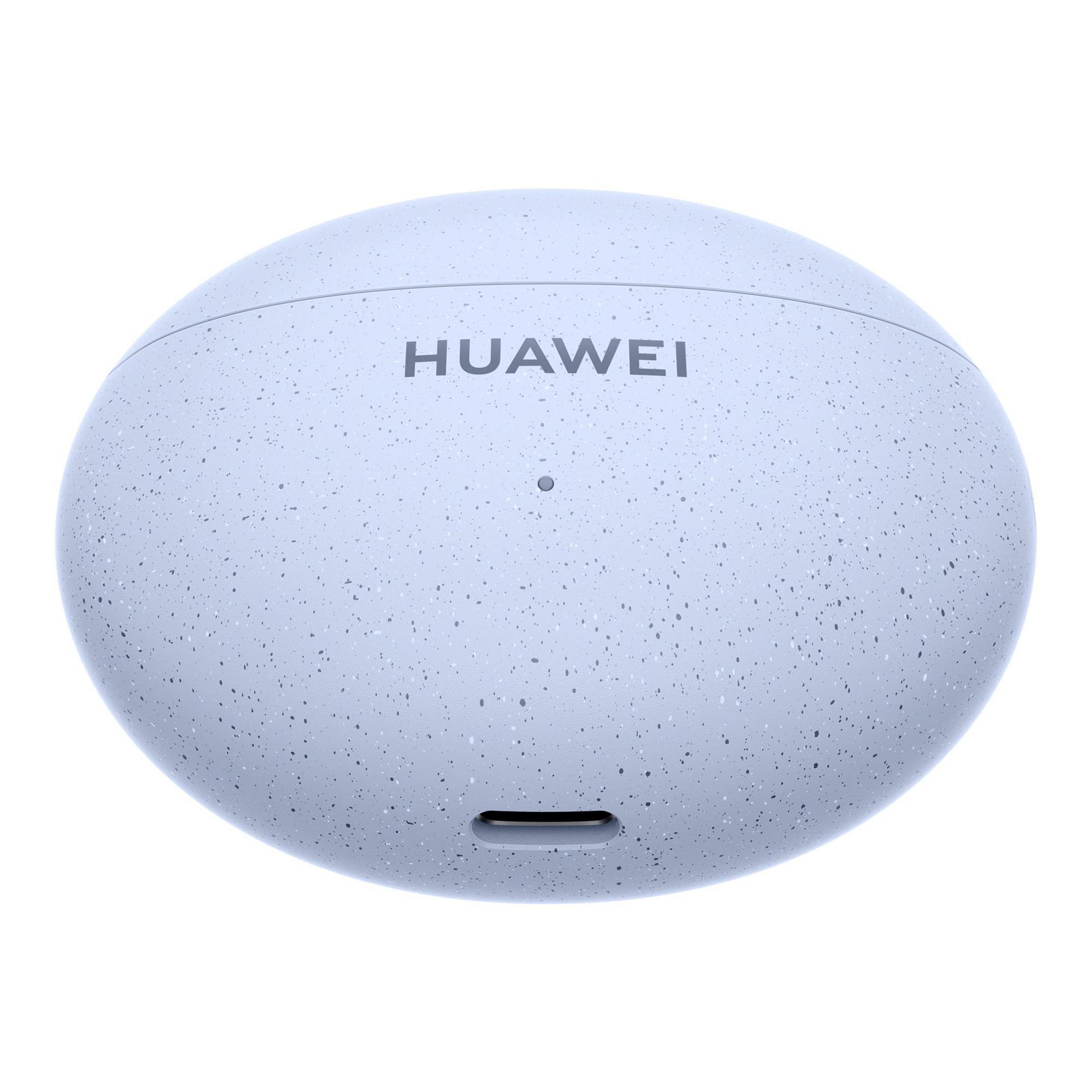 Custodia per auricolari Huawei azzurra. La custodia è ovale e presenta il logo Huawei. Sfondo bianco.