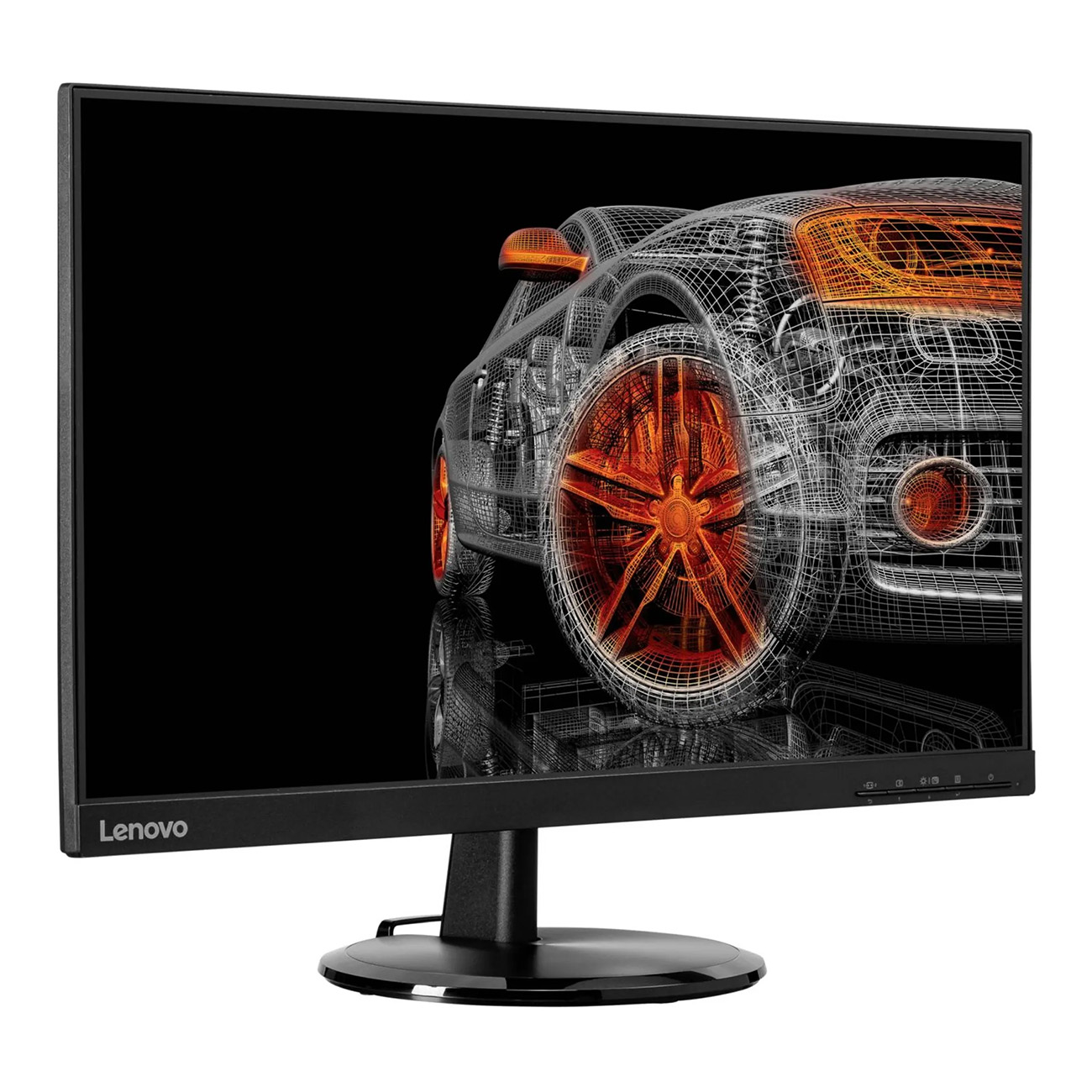 Czarny monitor Lenovo wyświetlający druciany model samochodu z pomarańczowymi kołami i detalami na czarnym tle.