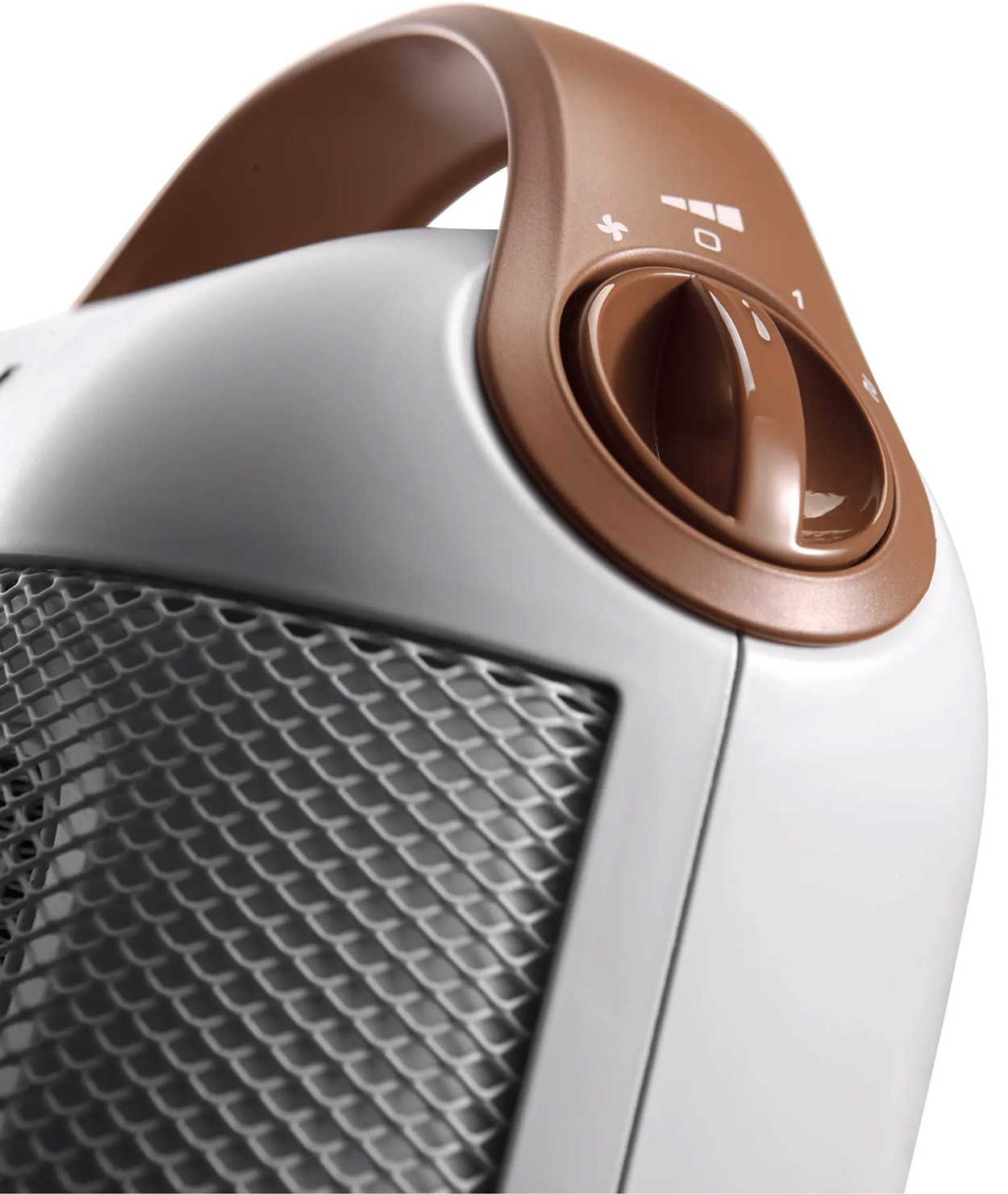 Zbliżenie białego i brązowego grzejnika z pokrętłem sterowania.