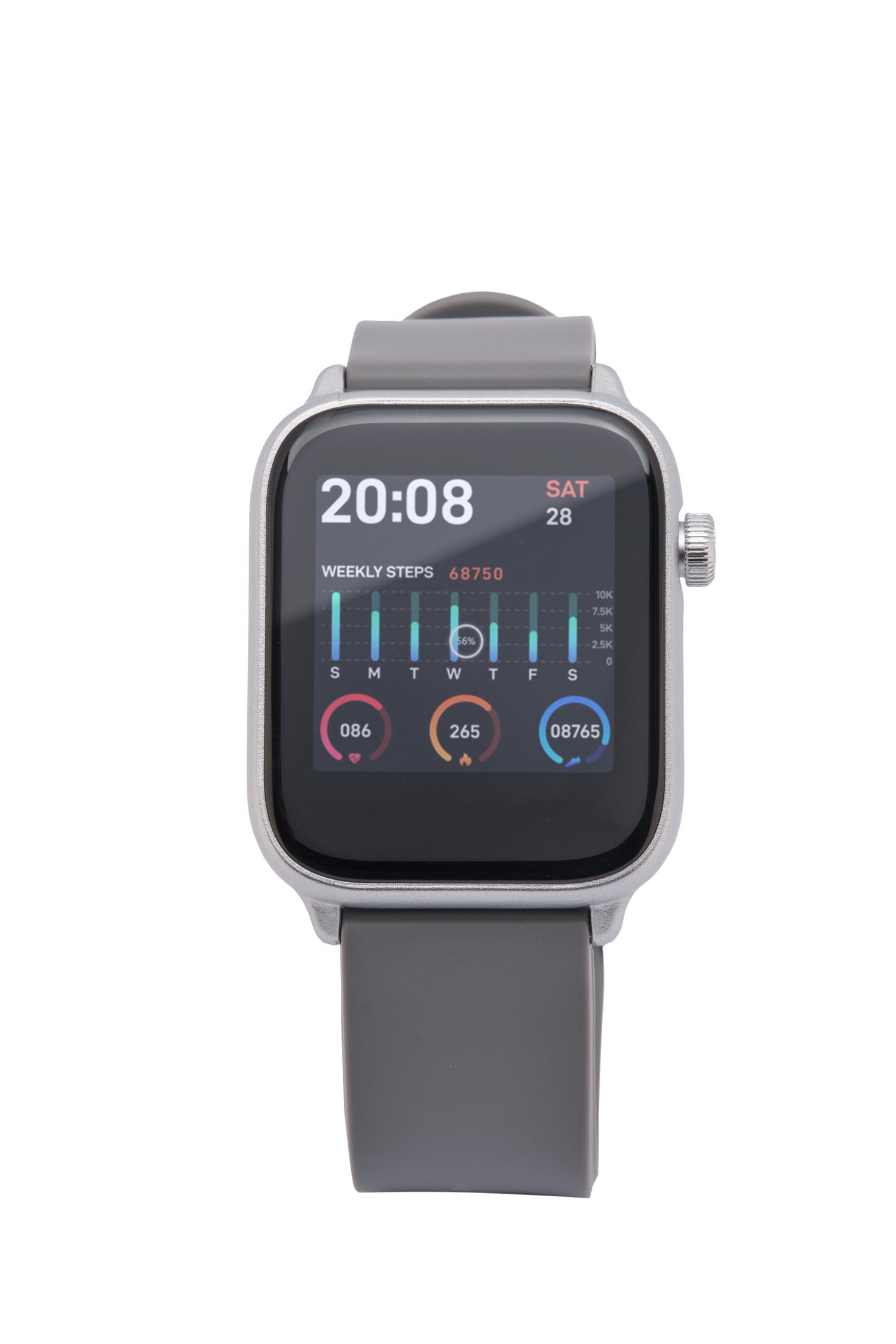 Smartwatch mit grauem Armband, das Zeit, Datum, Schritte und Aktivitätsdiagramme anzeigt. Digitales Display.