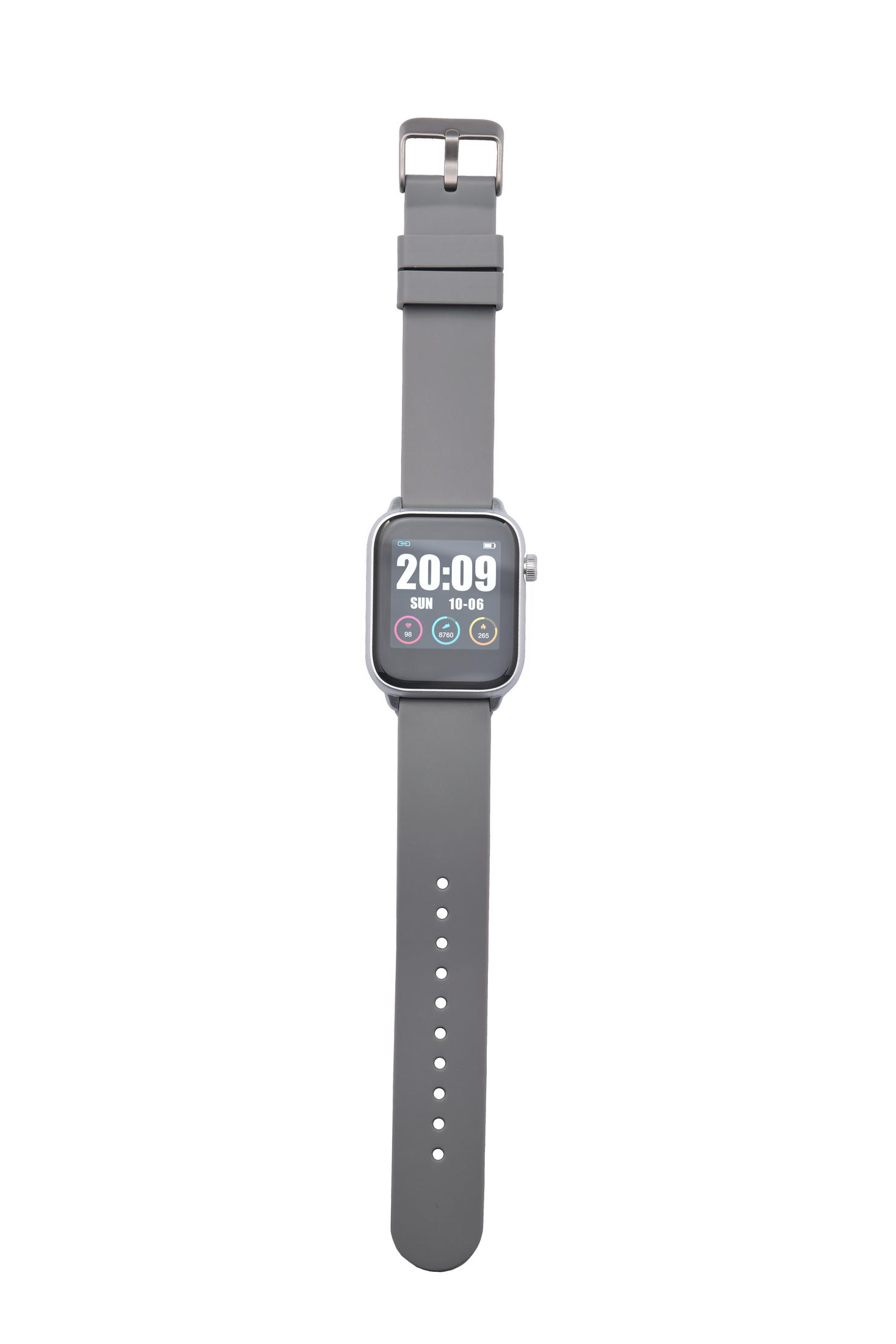 Graue Smartwatch, die die Uhrzeit (20:09) und andere Symbole anzeigt. Graues Armband, isoliert auf Weiß.