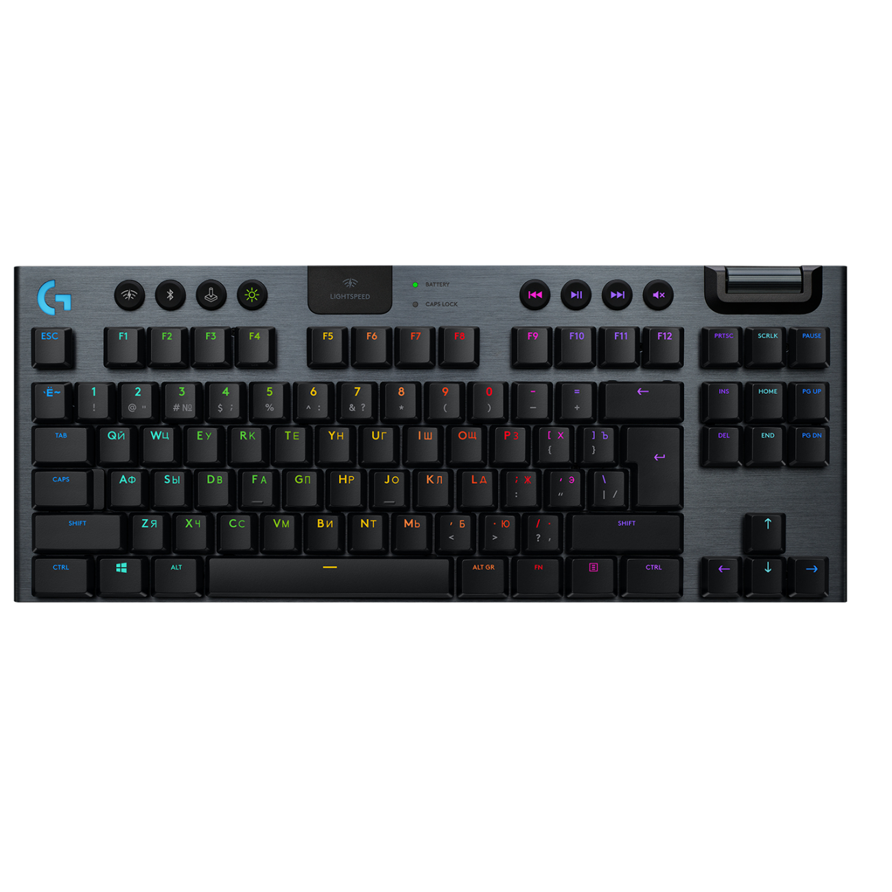 Una tastiera da gioco grigio scuro con tasti multicolore. Ha tasti multimediali e un indicatore di velocità della luce.