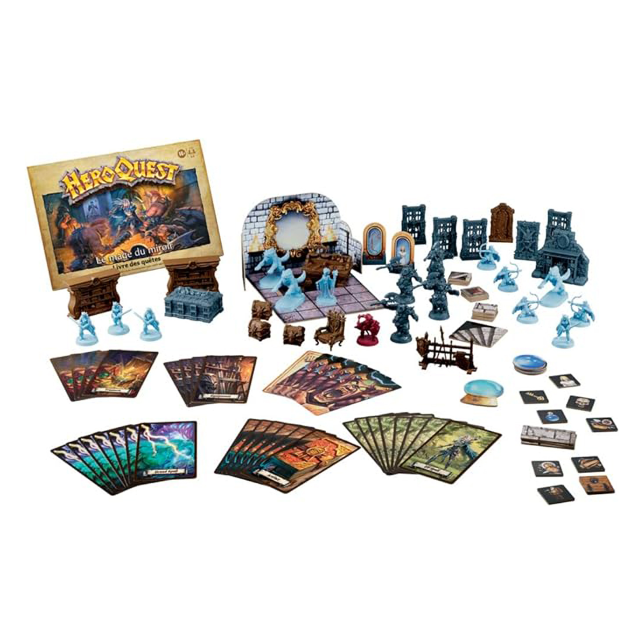 HeroQuest-Brettspiel mit Miniaturen. Enthält Brett, Karten, Möbel und Figuren auf Weiß.
