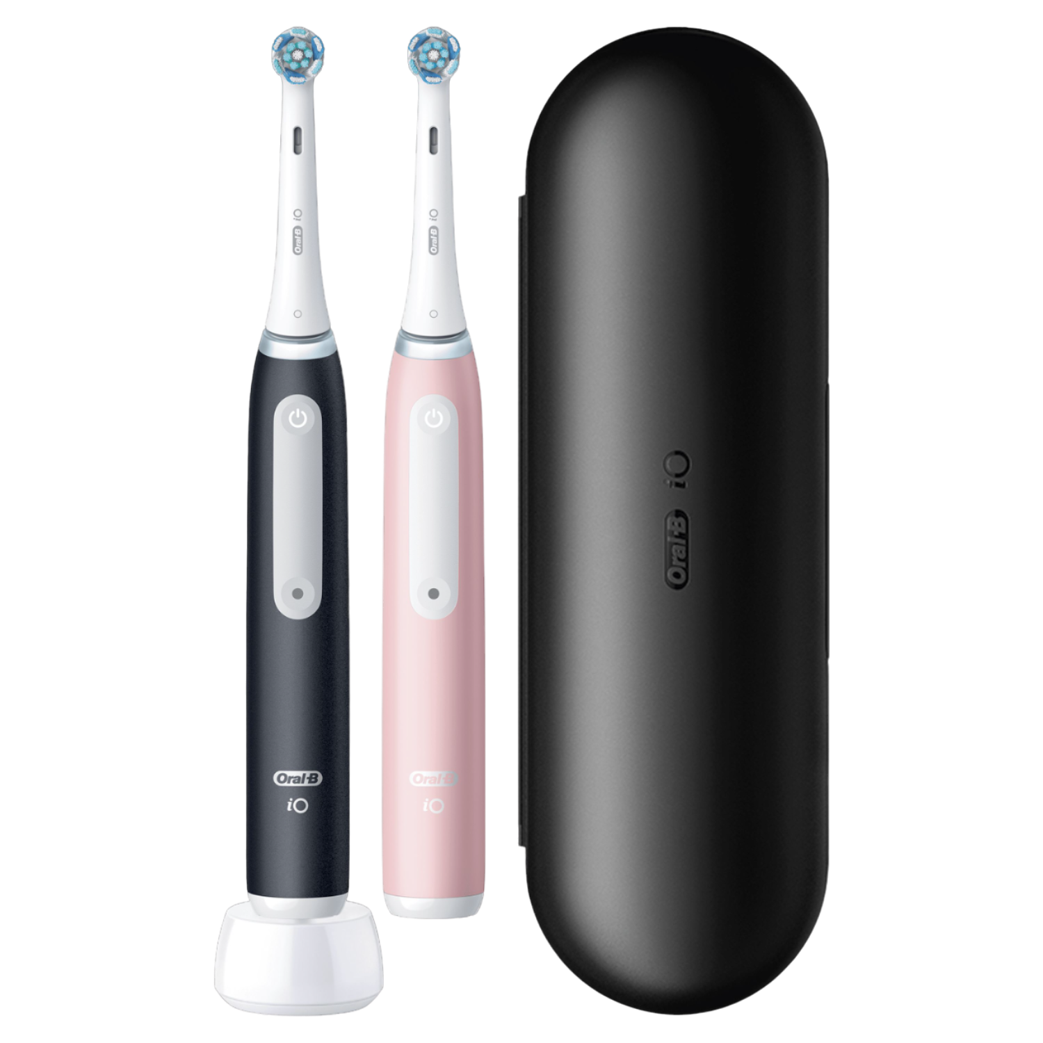 Zwei elektrische Zahnbürsten, eine schwarze und eine pinkfarbene, und ein schwarzes Etui.