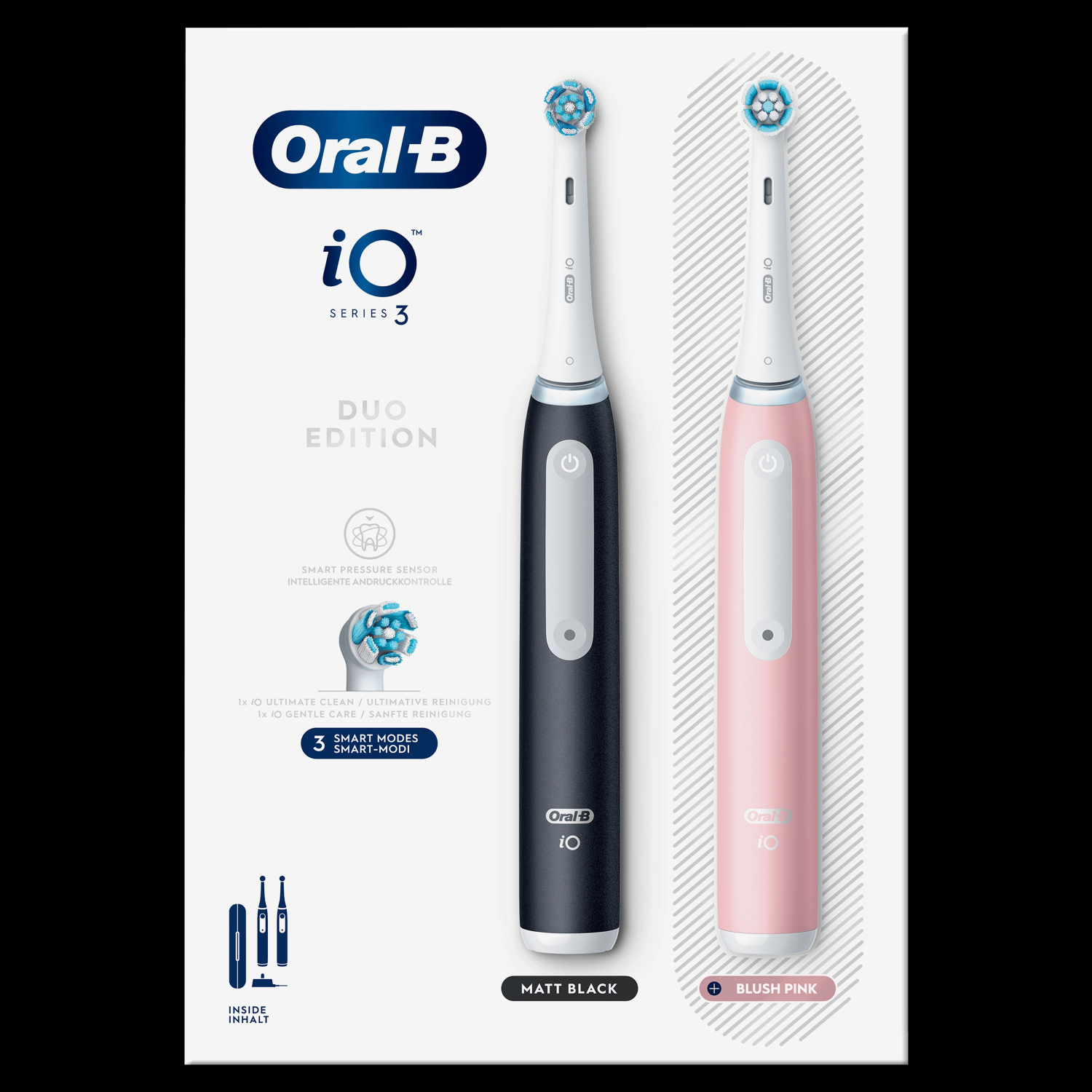 Zwei elektrische Oral-B Zahnbürsten in einer Box. Eine schwarz, eine rosa, mit Beschreibungen.