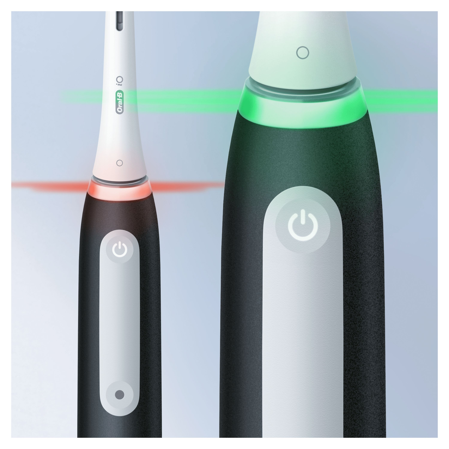 Schwarz-weiße elektrische Zahnbürste mit grünen und roten Lichtindikatoren.