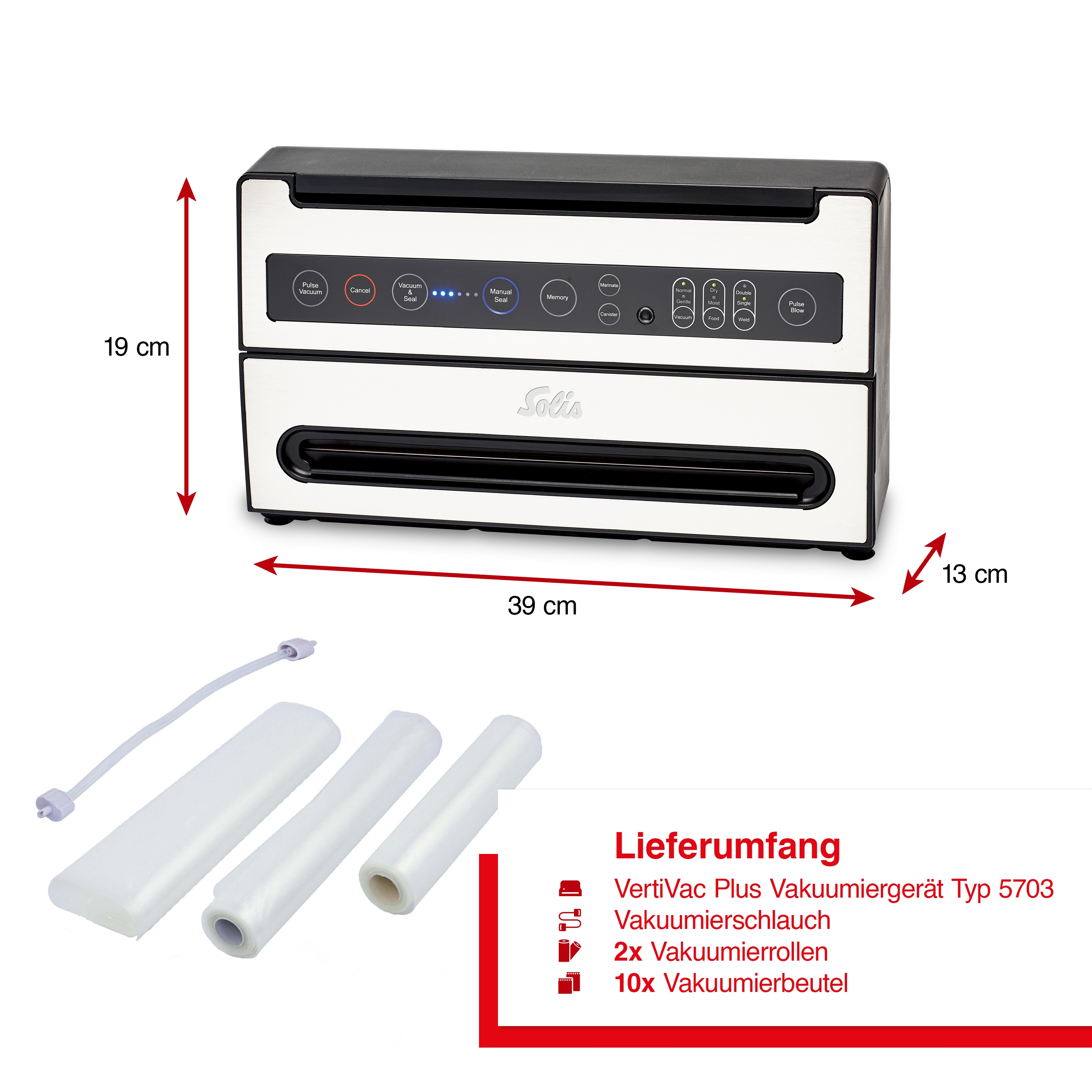 Ein silbernes und schwarzes Vakuumiergerät mit Zubehör und Abmessungen auf der Verpackung.