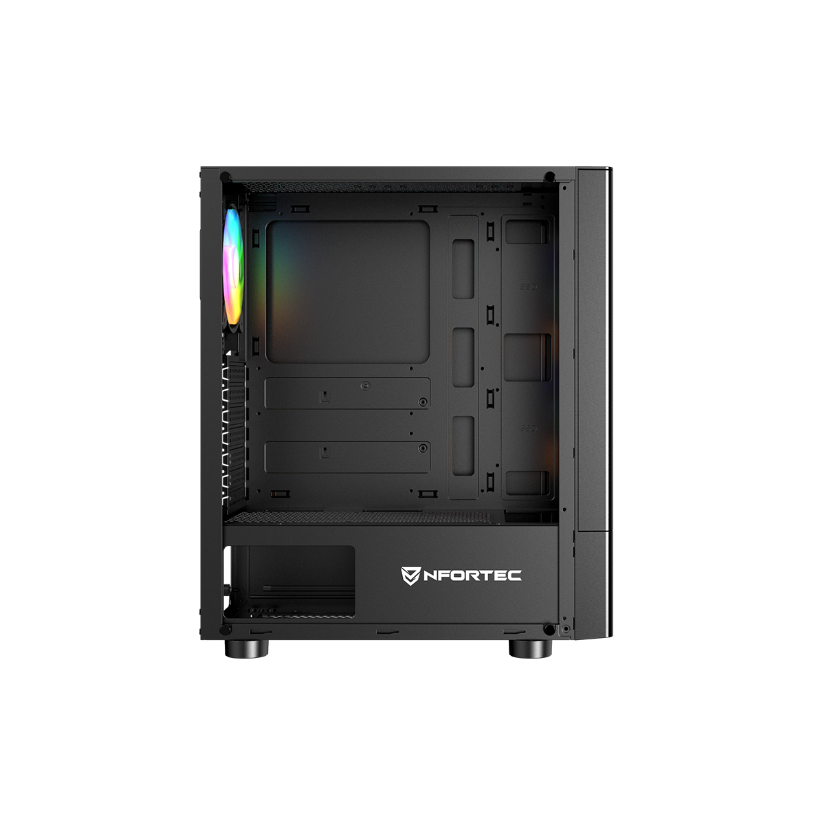 Un case per computer con un esterno nero. Ha una ventola colorata e il logo Nfortec è visibile.