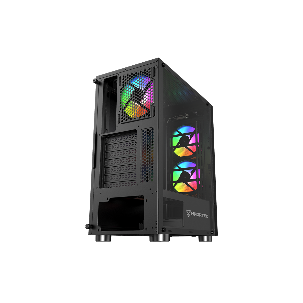 Un case per computer nero con ventole colorate. Il case ha un pannello laterale trasparente e componenti interni visibili.