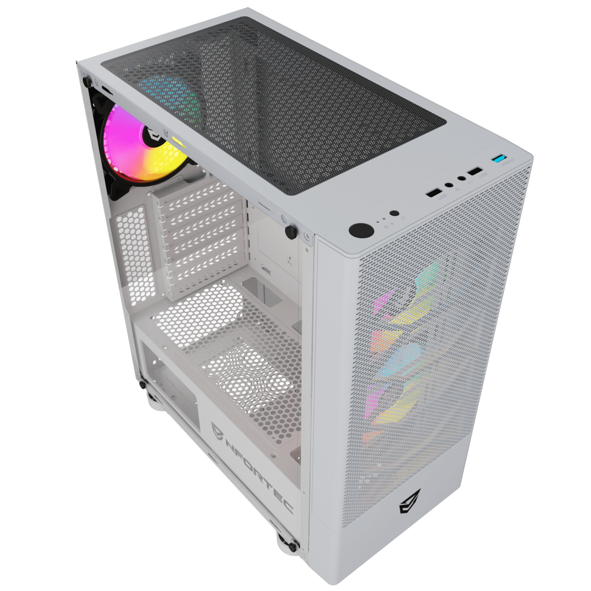Case per computer bianco con pannello laterale trasparente e ventola con luci colorate. Sfondo nero.