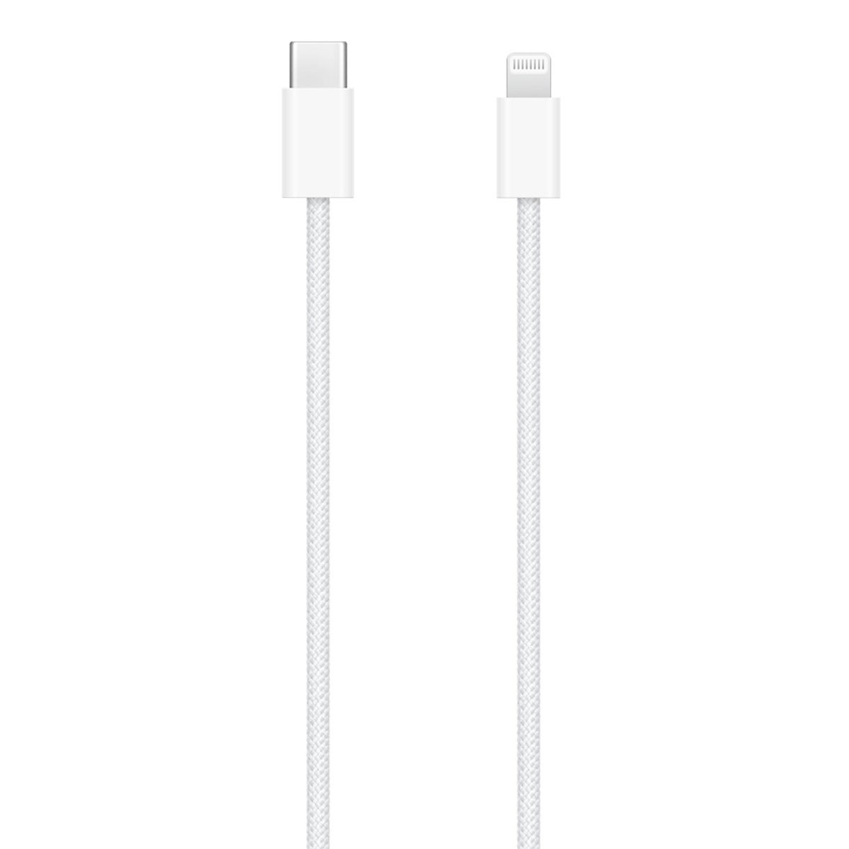 Biały kabel USB-C do Lightning. Dwa białe złącza z białym kablem.