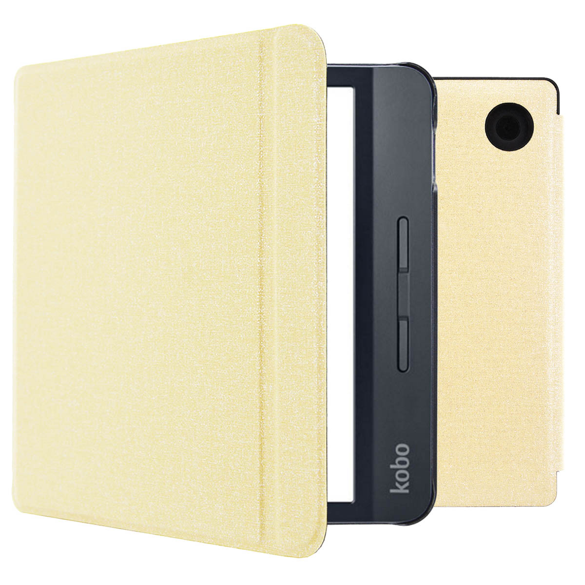 Een Kobo e-reader in een lichtgele hoes. De hoes is open.