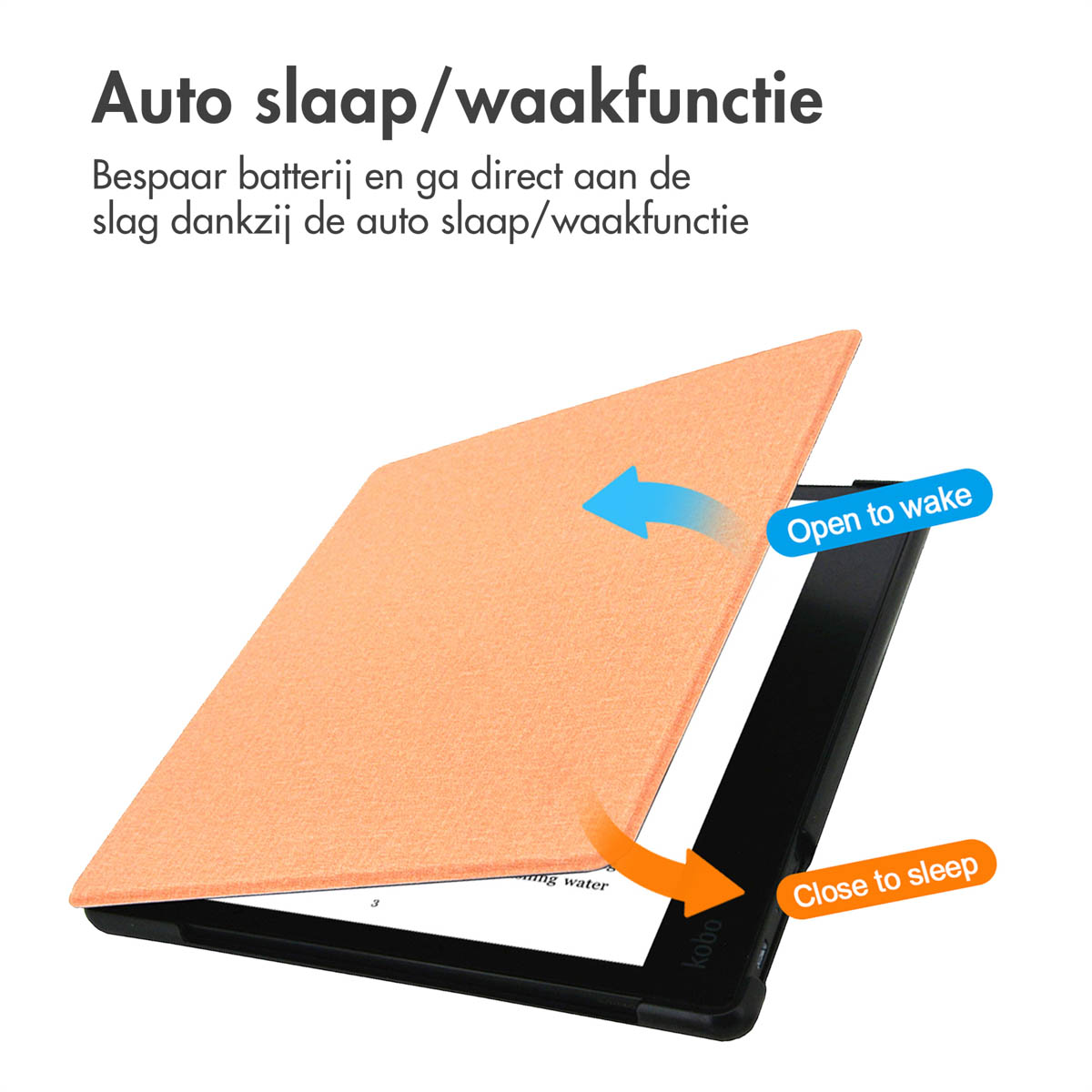 An orange e-reader cover is opening to wake the device.