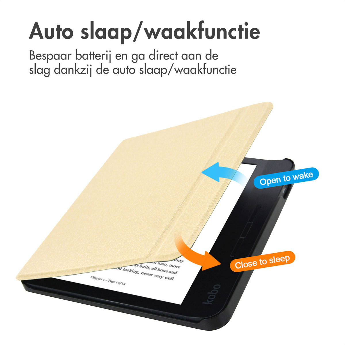 E-reader met open cover, tekst zichtbaar. Pijlen tonen 'Open to wake' en 'Close to sleep'.